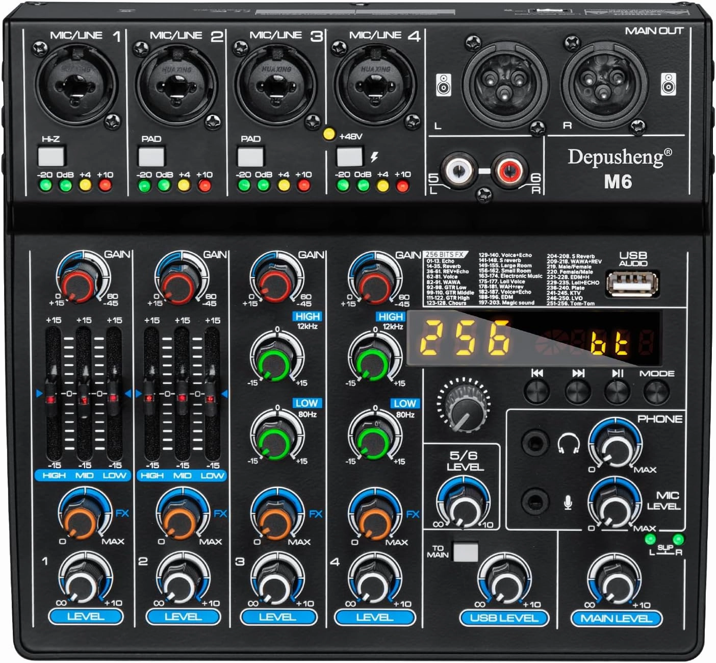 Depusheng M6 Portable Mini Mixer 6-Channel Audio Mixer DJ Console with Sound Card, Bluetooth Function, USB, 48V Phantom Power for PC Recording Webcast Party with 256 DSP mixer console,audio mixing desk,DJ console,