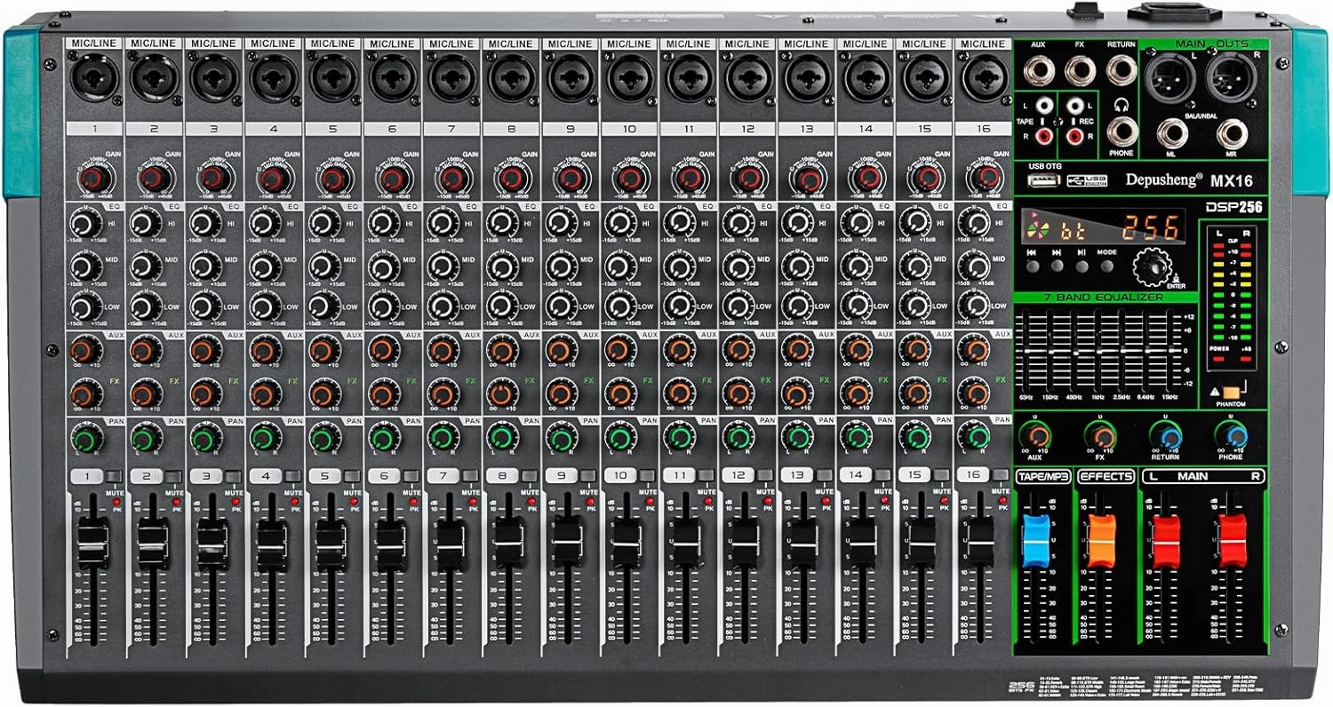 Depusheng MX16 16 Channel Sound Mixer Audio Mixing Console 48V 256DSP Professional USB PC Play Record Podcast Live Broadcast (US MX16) mixer console,audio mixing desk,DJ console,