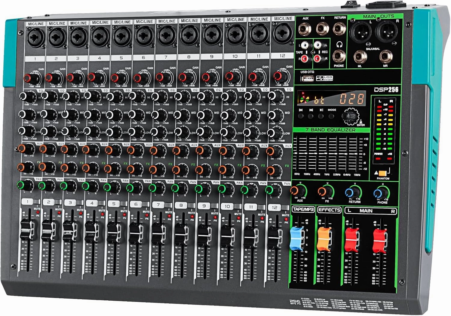 Depusheng PA12 Professional Audio Mixer Sound Board Console Desk System Interface 12 Channel Digital USB Bluetooth MP3 Computer Input 48V Phantom Power Built-in 256 Reverb Effect, Black audio interface,USB interface,music recording input,