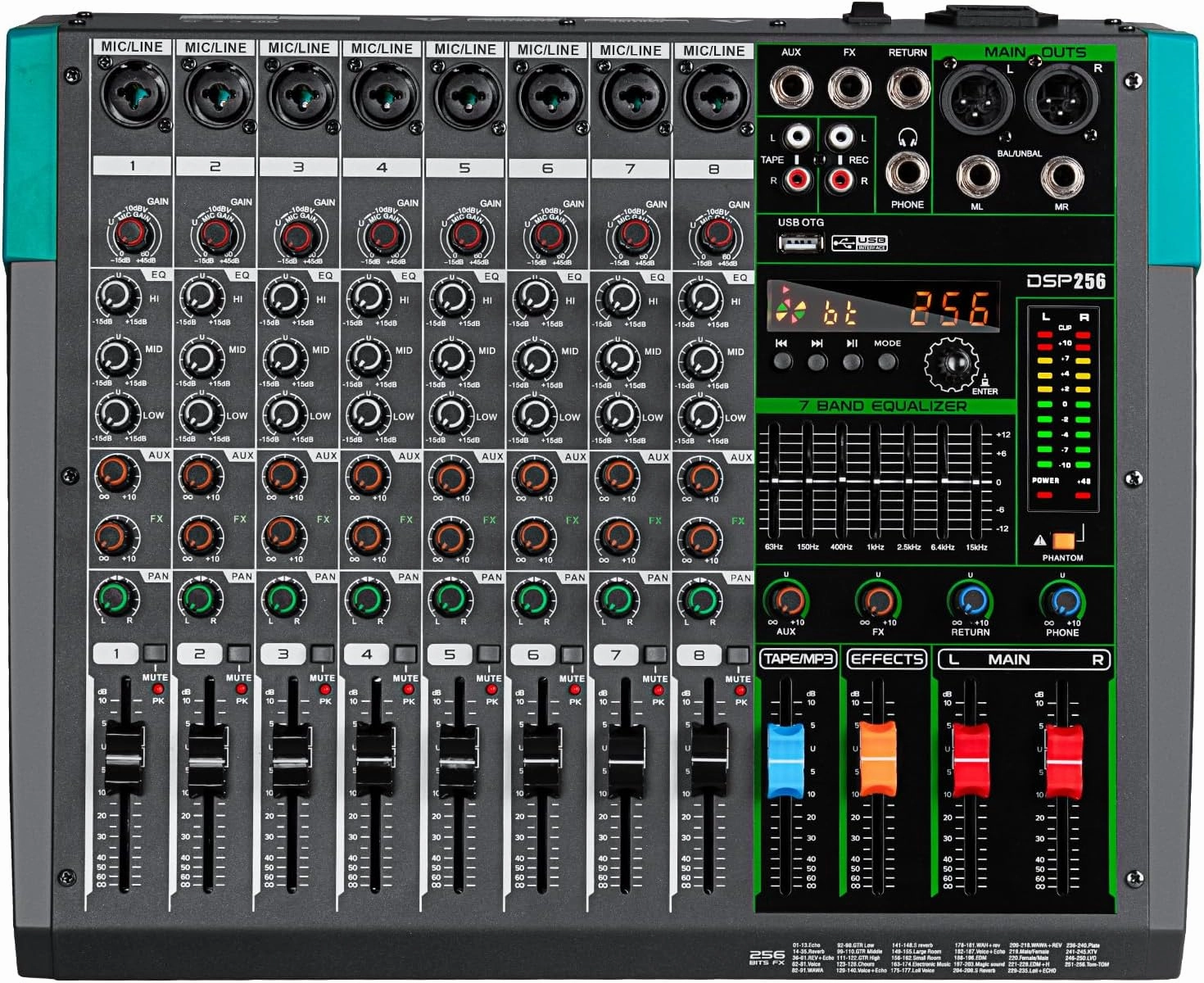 Depusheng PA8 Professional Audio Mixer Sound Board Console Desk System Interface 8 Channel Digital USB Bluetooth MP3 Computer Input 48V Phantom Power Built-in 256 Reverb Effect, Black mixer console,audio mixing desk,DJ console,
