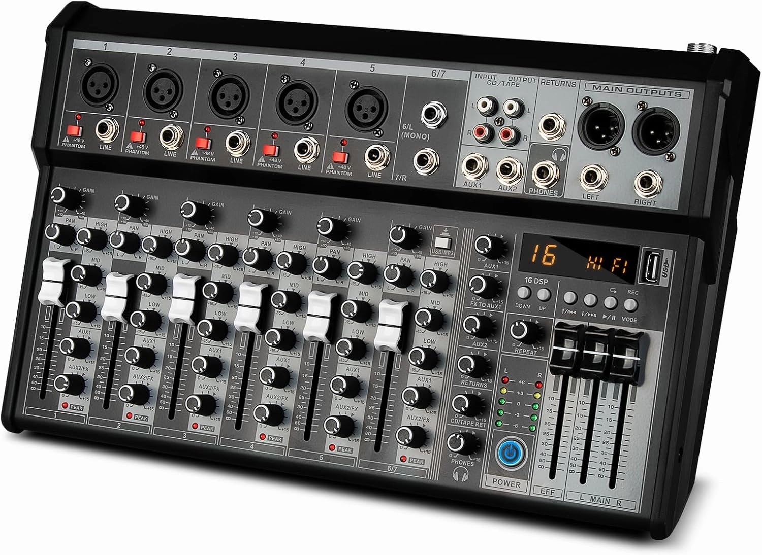 Depusheng Professional Audio Mixer, 7 Channel Audio Interface Sound Board Mixing Console System, 16-Bit DSP DJ Bluetooth Mixer  48V Phantom Effect For Karaoke Studio Streaming Recording (XT7) mixer console,audio mixing desk,DJ console,