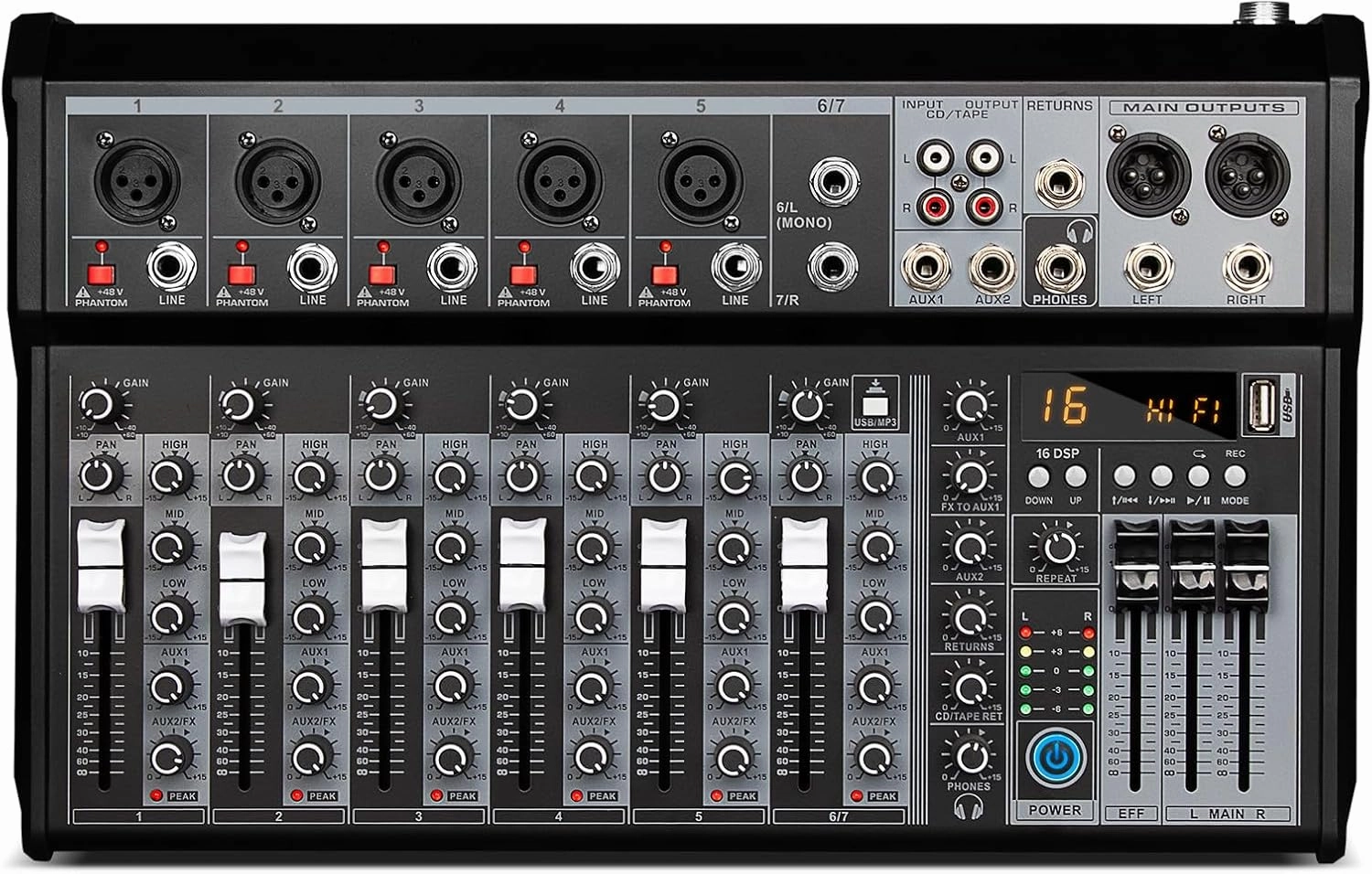 Depusheng Professional Audio Mixer, 7 Channel Audio Interface Sound Board Mixing Console System, 16-Bit DSP DJ Bluetooth Mixer  48V Phantom Effect For Karaoke Studio Streaming Recording (XT7)