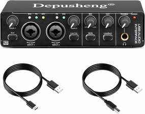 Depusheng RX2 usb audio interface computer recording sound card, home studio audio interface, can connect 48V condenser microphone, guitar recording audio interface,USB interface,music recording input,