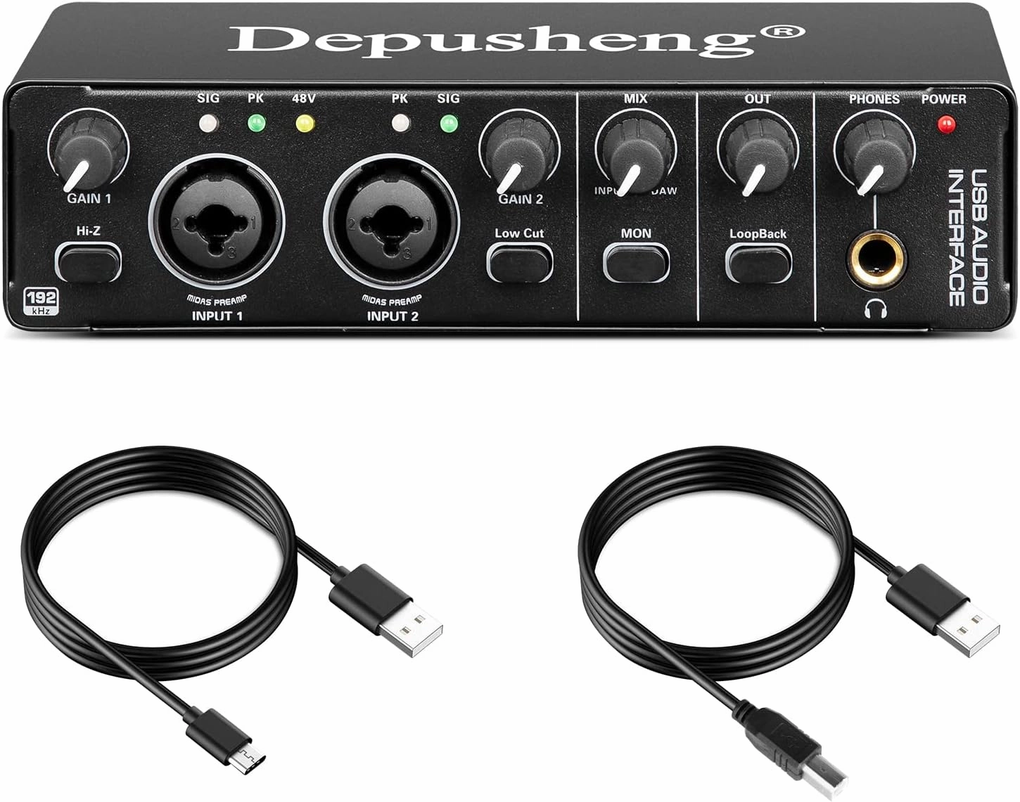 Depusheng RX2 usb audio interface computer recording sound card, home studio audio interface, can connect 48V condenser microphone, guitar recording audio interface,USB interface,music recording input,