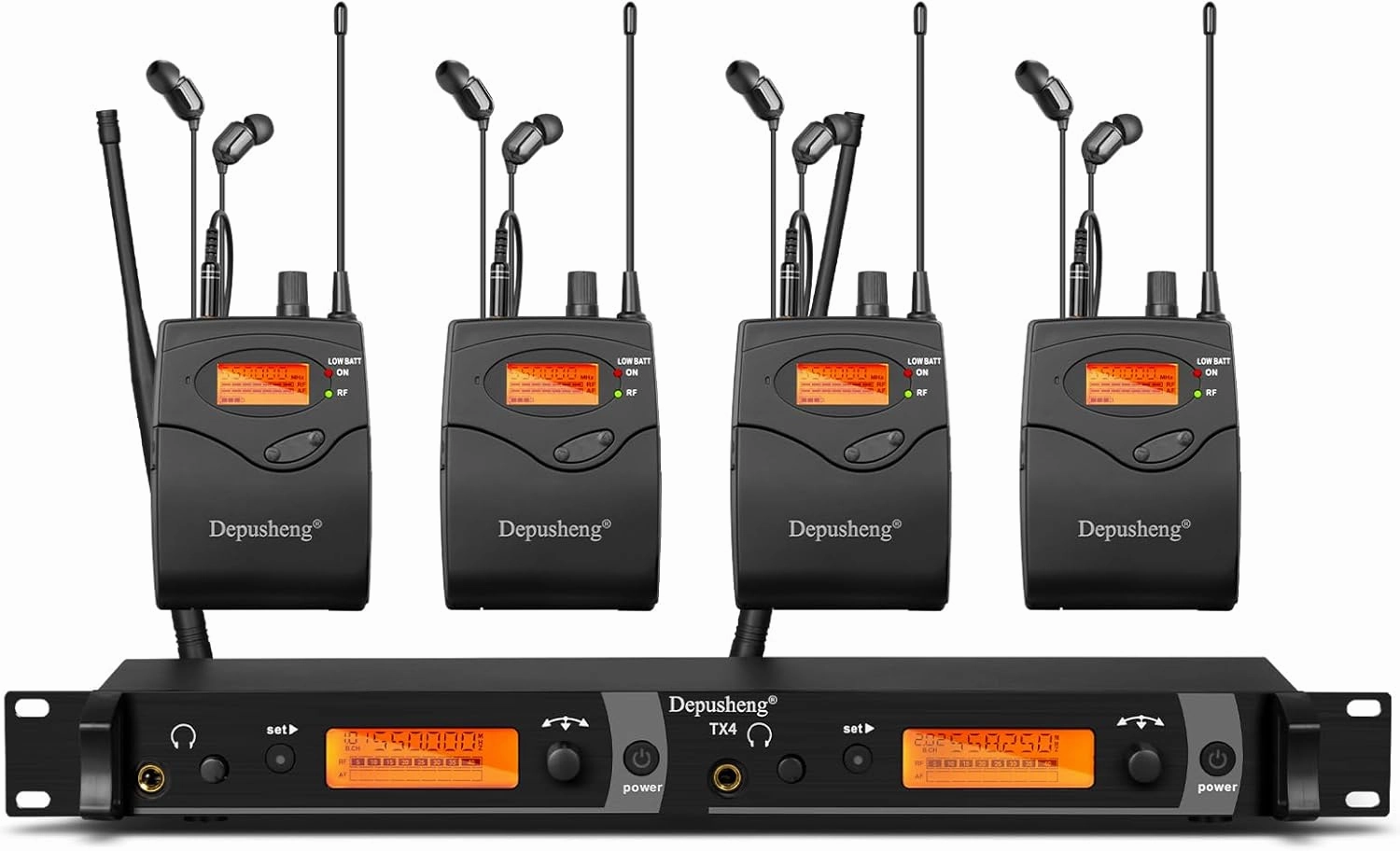 Depusheng TX4 Wireless in Ear Bodypacks Monitor System, 4-Channel Wireless IEM System, Metal IEM w/ 4 Bodypacks, Rack Mount in-ear monitors,hi-fi IEMs,studio earphones,