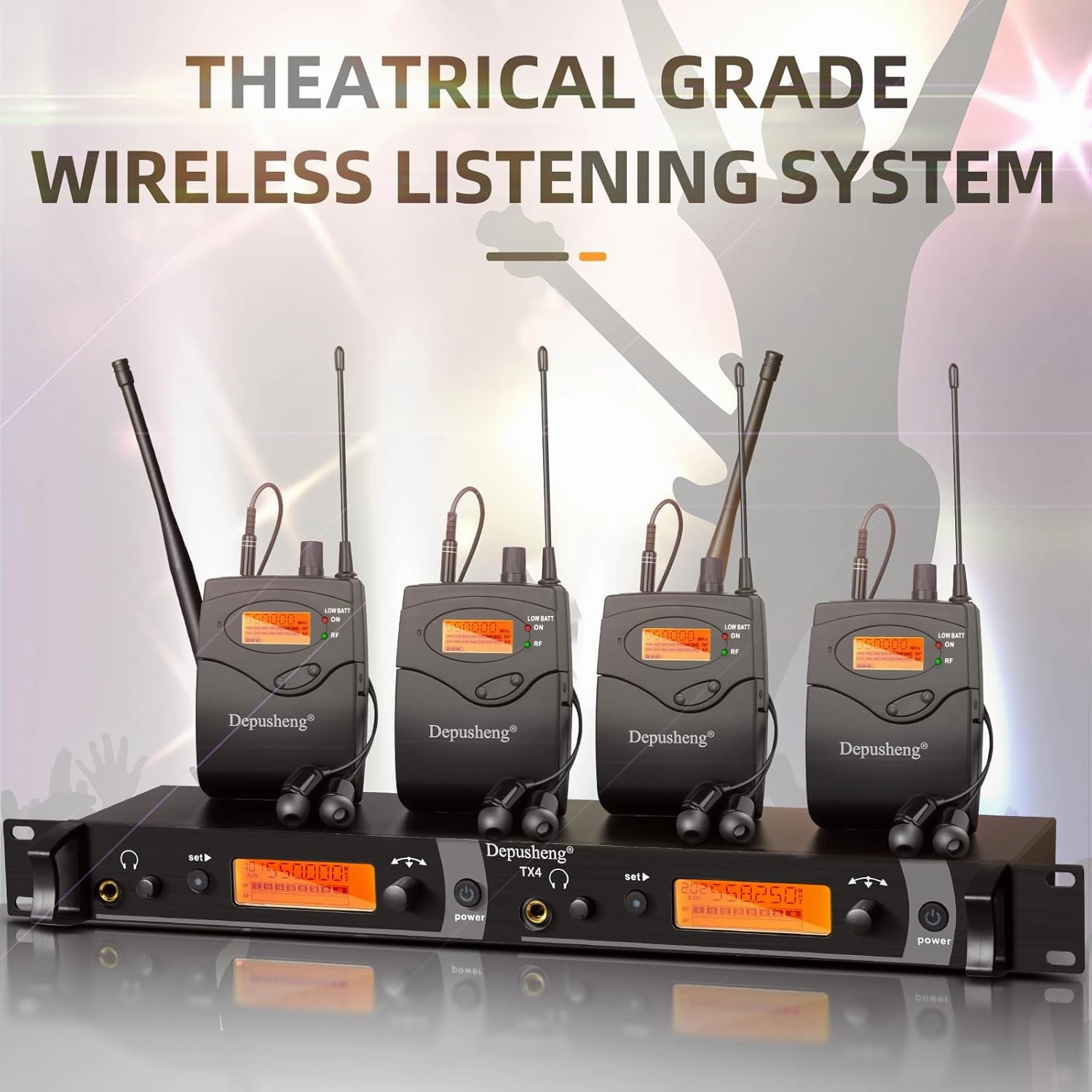 Depusheng TX4 Wireless in Ear Bodypacks Monitor System, 4-Channel Wireless IEM System, Metal IEM w/ 4 Bodypacks, Rack Mount