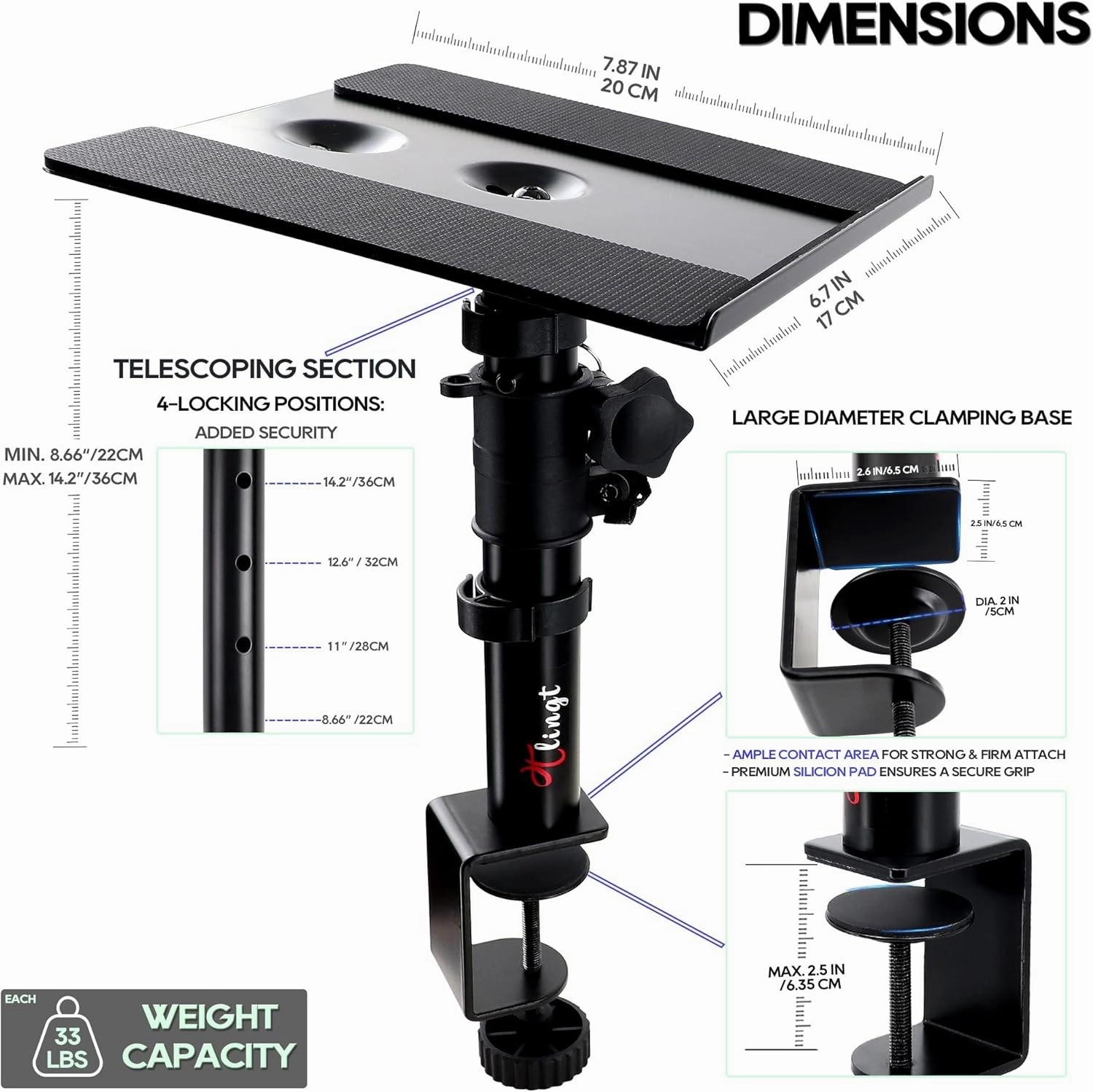 Desktop Speaker Stands Pair, Clamp-on Monitor Speaker Stand Riser Set of 2, 6.7x7.9 Metal Tray, -10 to  10 Tilt Angle, Ideal for 3 to 4-inch Monitor Speaker, Bookshelf Speaker