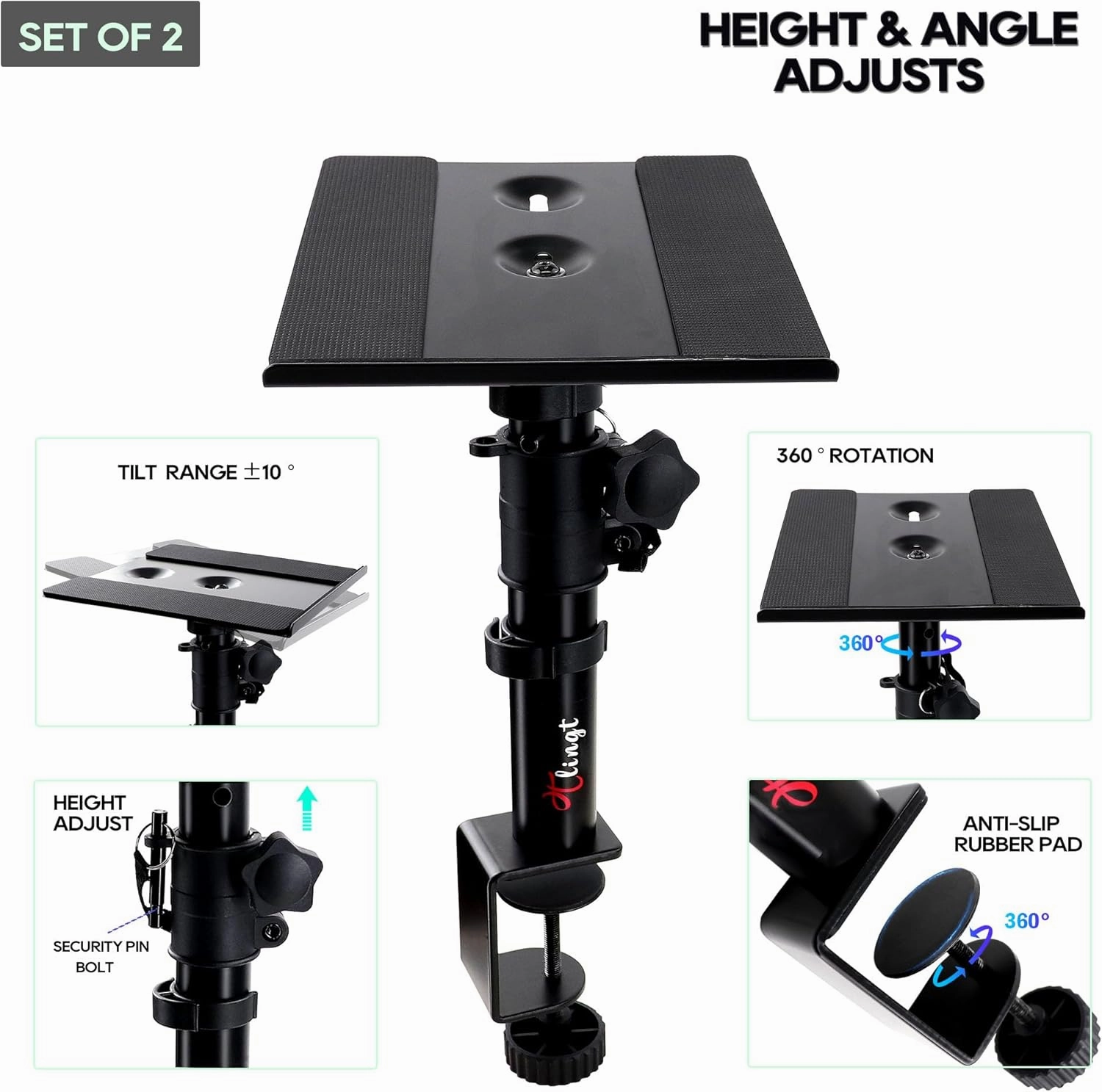 Desktop Speaker Stands Pair, Clamp-on Monitor Speaker Stand Riser Set of 2, 6.7x7.9 Metal Tray, -10 to  10 Tilt Angle, Ideal for 3 to 4-inch Monitor Speaker, Bookshelf Speaker
