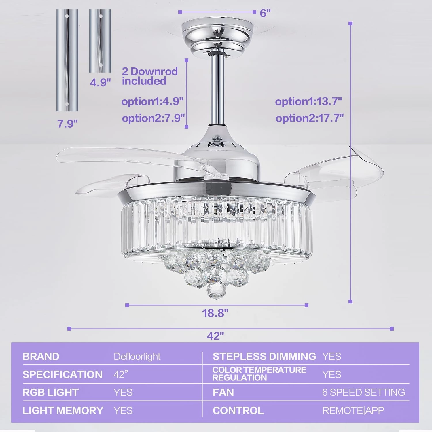 DFL 42" Bluetooth Crystal Ceiling Fan with Light and Speaker, RGB Modern Retractable Reversible Fandelier Chandelier Fan for Bedroom Living Room,Quiet Motor,6 Speed,Timer,App Control