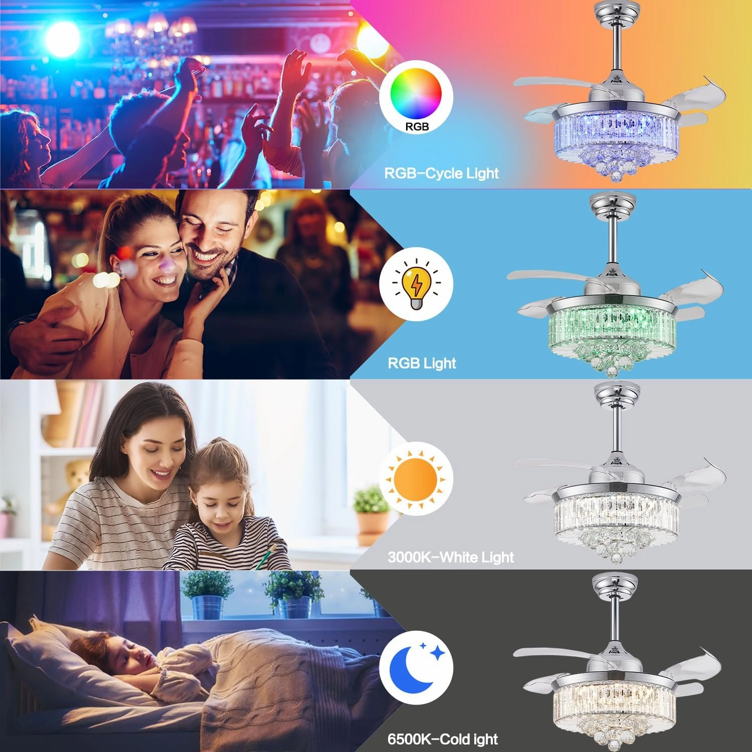 DFL 42" Bluetooth Crystal Ceiling Fan with Light and Speaker, RGB Modern Retractable Reversible Fandelier Chandelier Fan for Bedroom Living Room,Quiet Motor,6 Speed,Timer,App Control
