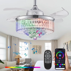 DFL 42" Bluetooth Crystal Ceiling Fan with Light and Speaker, RGB Modern Retractable Reversible Fandelier Chandelier Fan for Bedroom Living Room,Quiet Motor,6 Speed,Timer,App Control soundbar,TV speaker bar,home theater soundbar,