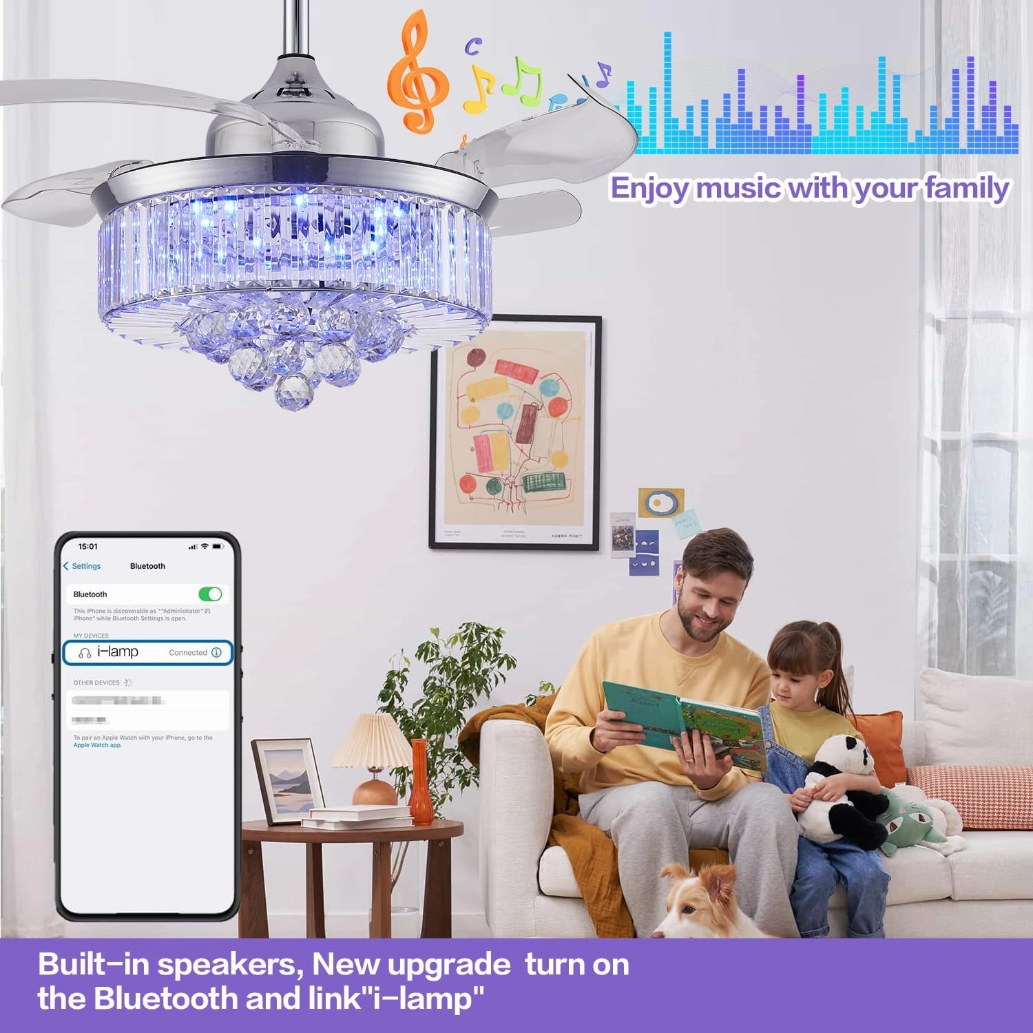 DFL 42" Bluetooth Crystal Ceiling Fan with Light and Speaker, RGB Modern Retractable Reversible Fandelier Chandelier Fan for Bedroom Living Room,Quiet Motor,6 Speed,Timer,App Control