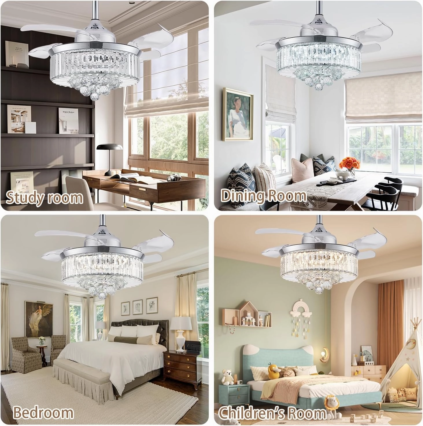 DFL 42" Bluetooth Crystal Ceiling Fan with Light and Speaker, RGB Modern Retractable Reversible Fandelier Chandelier Fan for Bedroom Living Room,Quiet Motor,6 Speed,Timer,App Control
