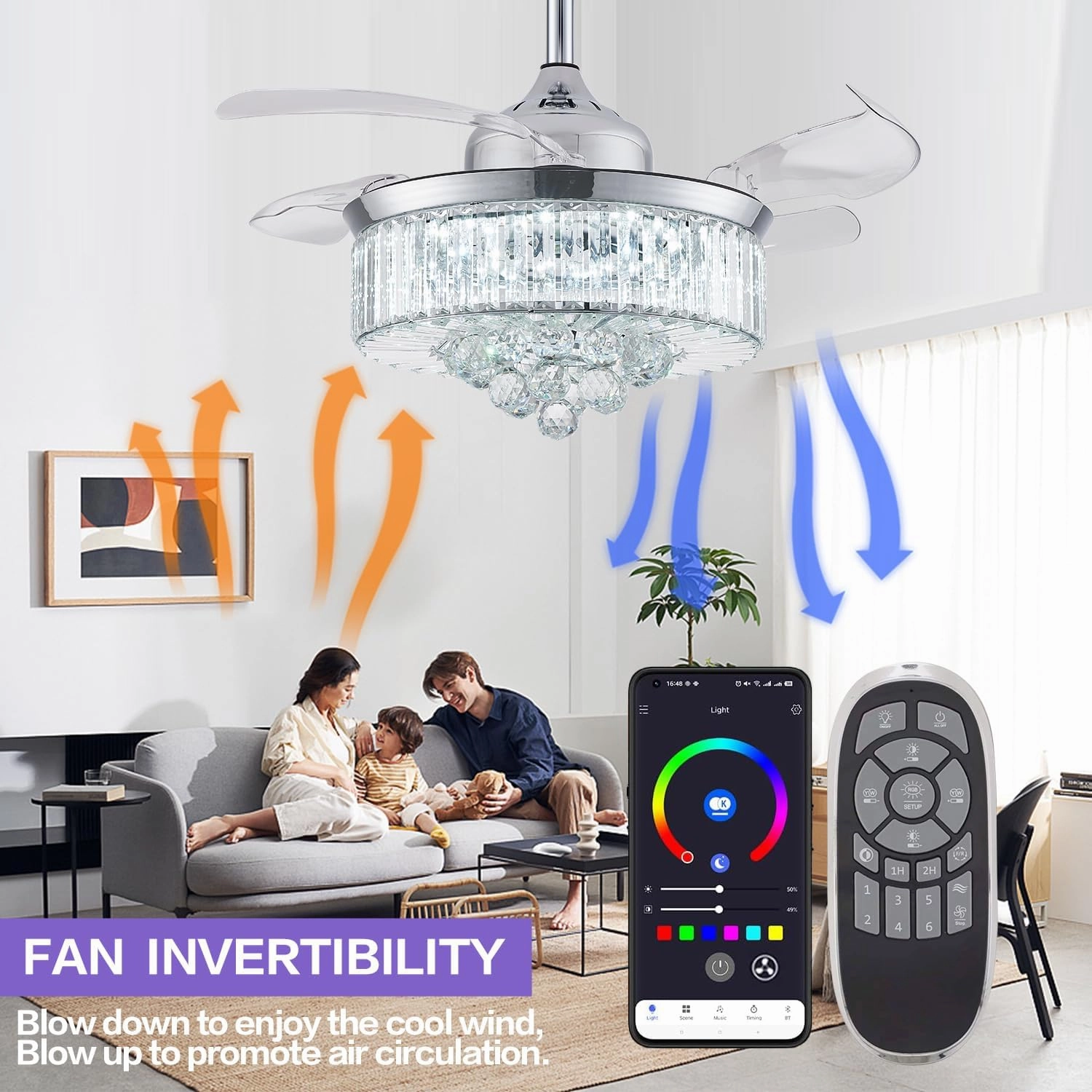 DFL 42" Bluetooth Crystal Ceiling Fan with Light and Speaker, RGB Modern Retractable Reversible Fandelier Chandelier Fan for Bedroom Living Room,Quiet Motor,6 Speed,Timer,App Control