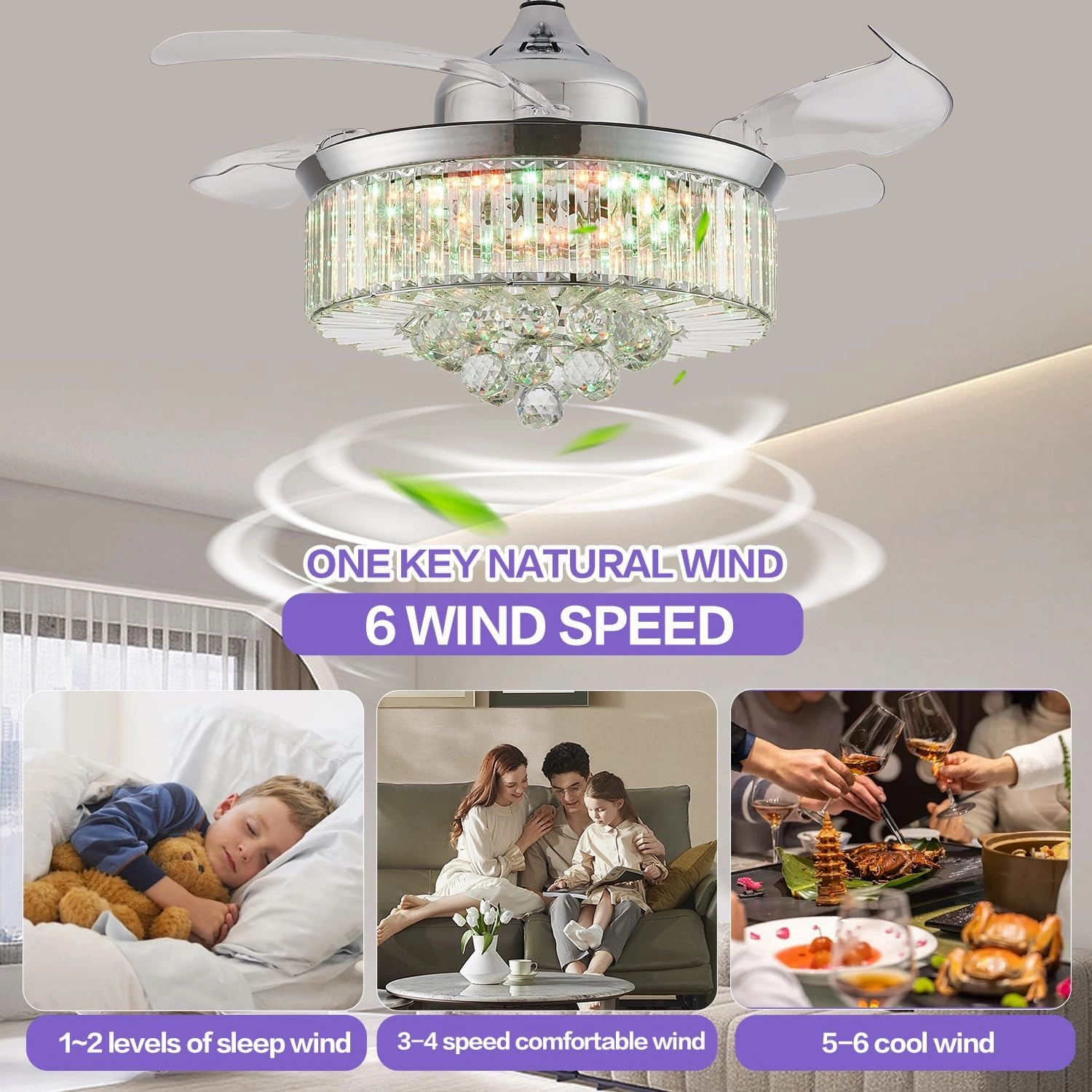 DFL 42" Bluetooth Crystal Ceiling Fan with Light and Speaker, RGB Modern Retractable Reversible Fandelier Chandelier Fan for Bedroom Living Room,Quiet Motor,6 Speed,Timer,App Control