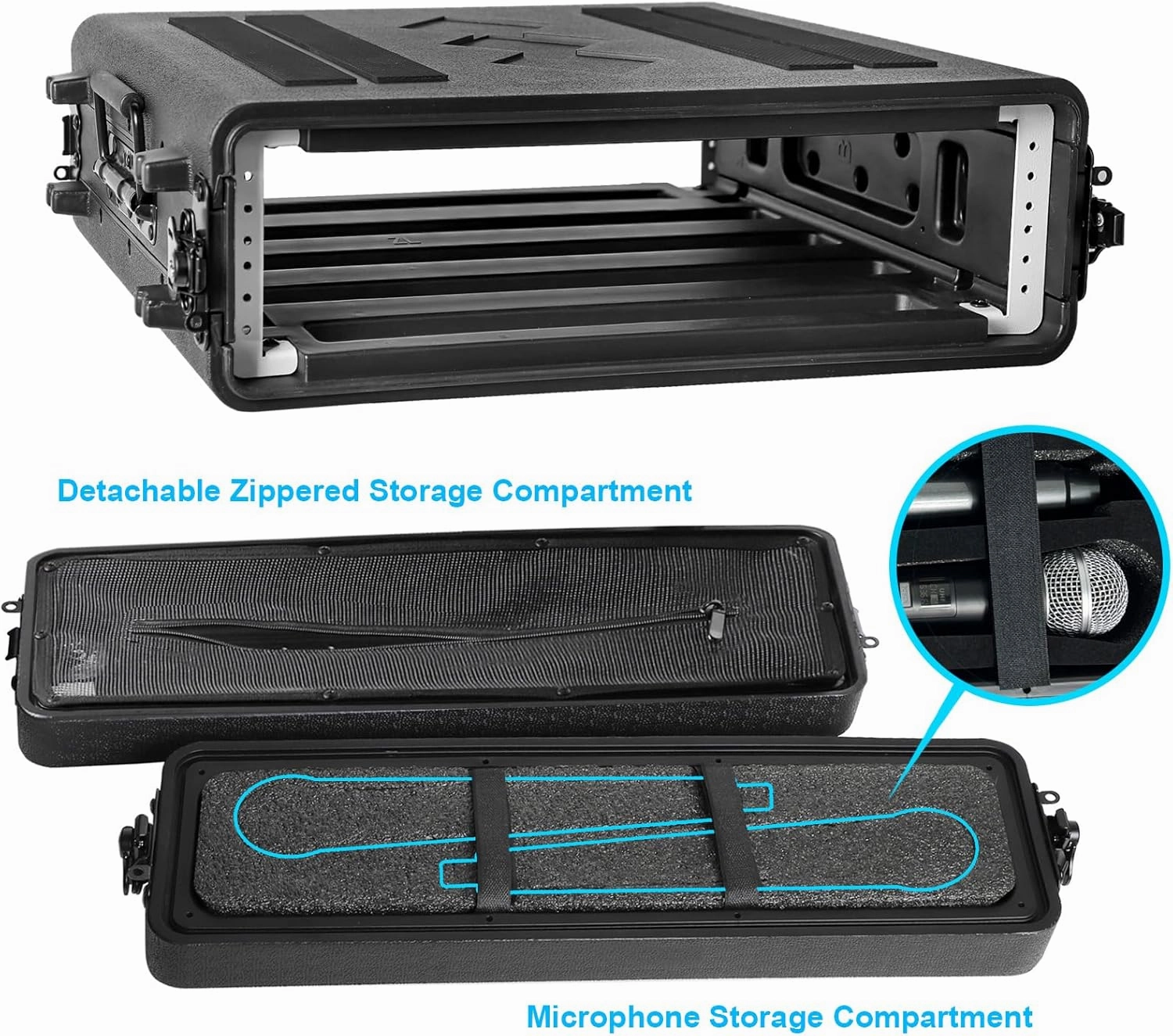 Diandian 2U Rack Case Shallow 17" Depth, 19" Rackmount Flight Case, Watertight Dust-Proof, Shock Mount for Amplifier, Pro Audio, DJ Mixer, Effects with Microphone Compartments