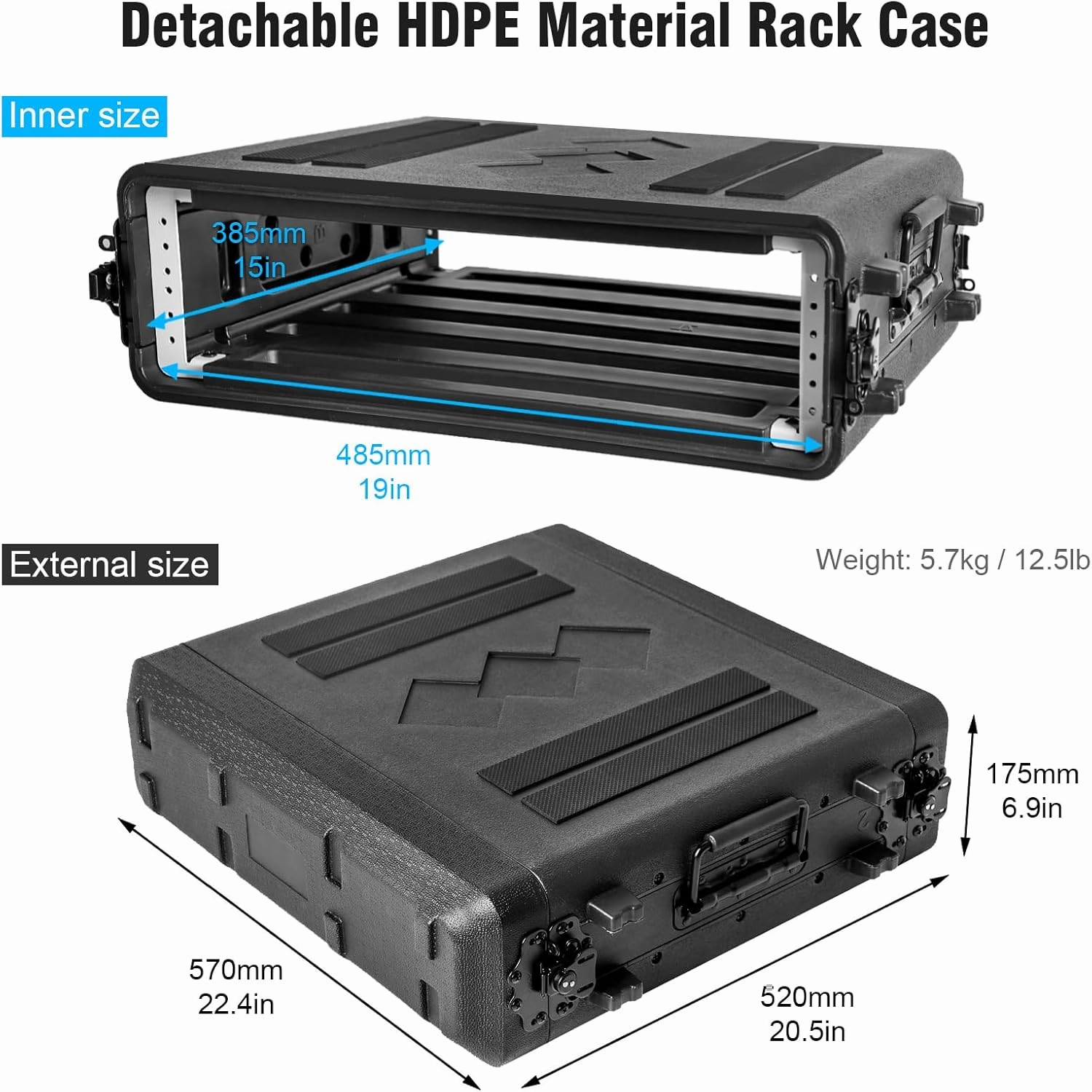 Diandian 2U Rack Case Shallow 17" Depth, 19" Rackmount Flight Case, Watertight Dust-Proof, Shock Mount for Amplifier, Pro Audio, DJ Mixer, Effects with Microphone Compartments