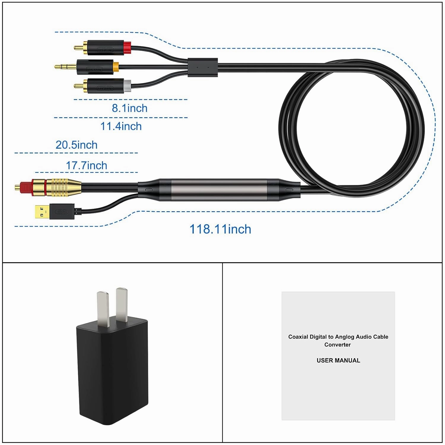 Digital Optical Cable to RCA Analog Audio Converter, Optical to RCA and 3.5mm Digital to Analog Converter for TV/PS4/Xbox/DVD SPDIF/TOSLINK/Optical Port to Sound Box Amplifier Headset (10ft)