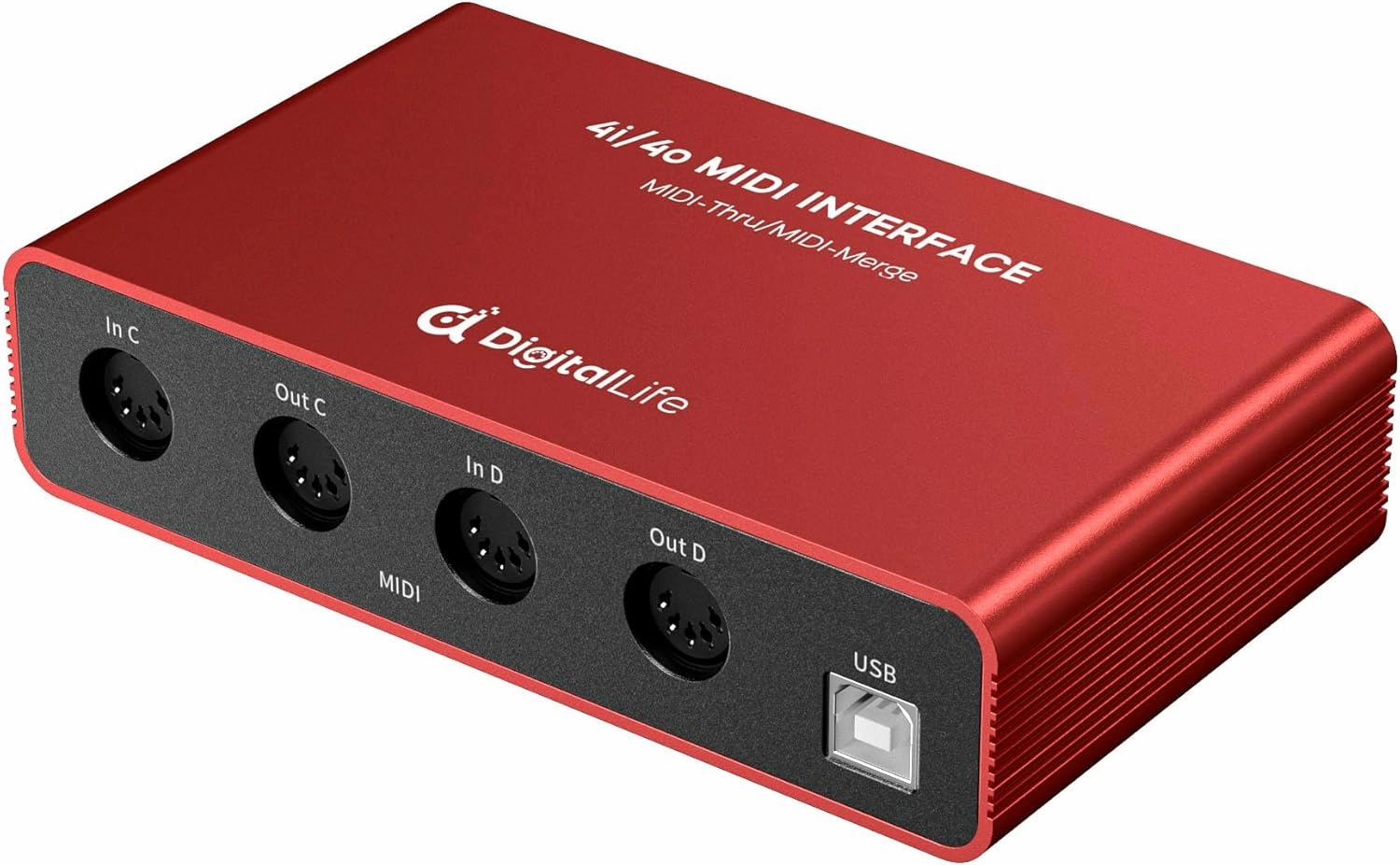 DigitalLife Stand-Alone Quad-I/O 5-PIN DIN MIDI Interface - MIDI Thru Box (4-In/4-Out) & MIDI Merge Box (2-In/4-Out), w/LED Indicators, Metal