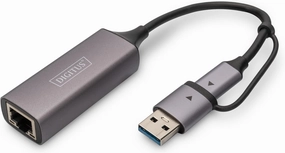 DIGITUS USB Network Adapter - 2.5 Gbit/s - RJ45 to USB-C 3.1 - incl. Type-A Adapter - Full-Duplex - Auto MDI-X - Grey network streamer,wireless audio player,Wi-Fi music streamer,