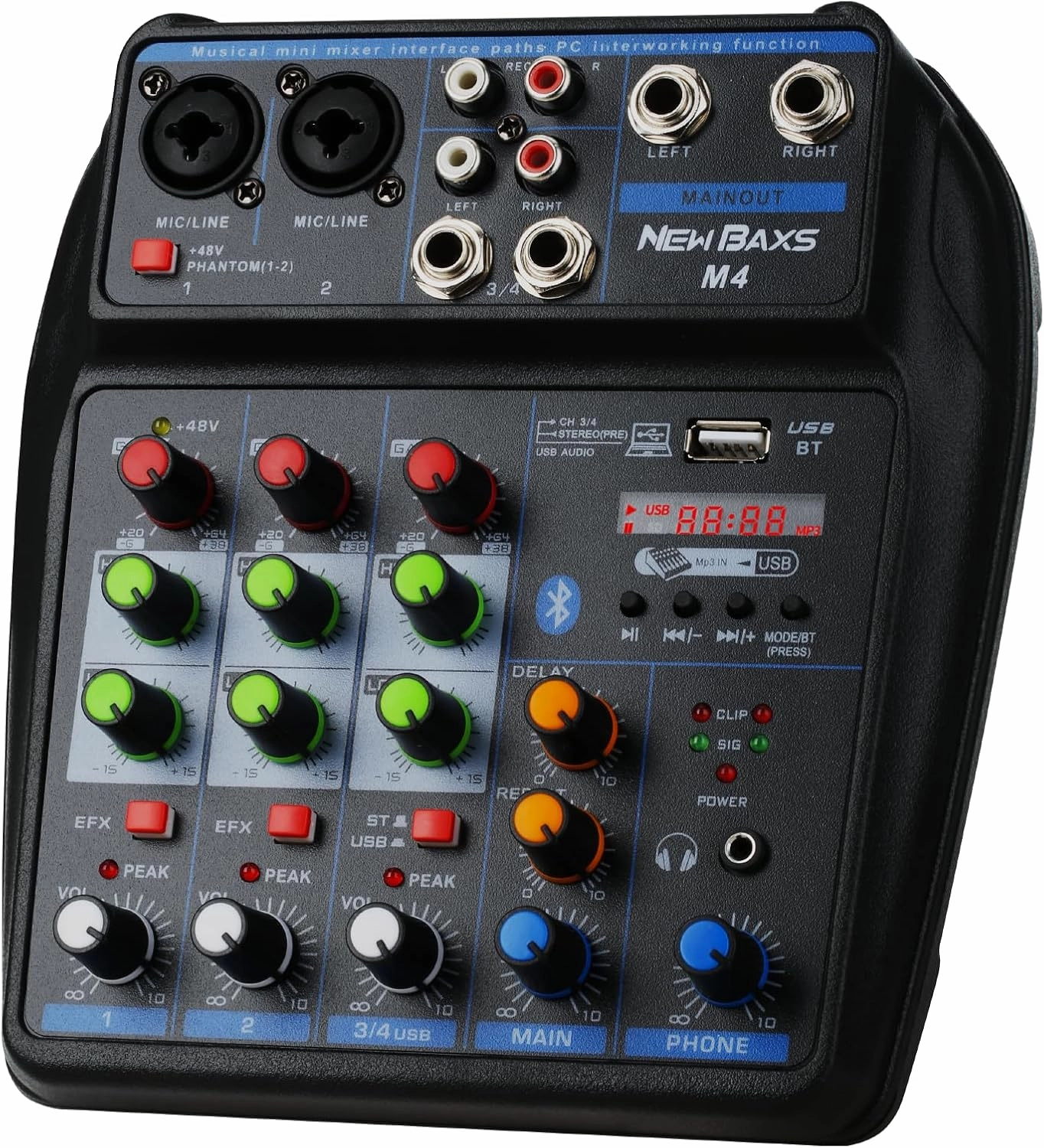 DJ Audio Mixer, DJ Mixers 4 Channel Sound Board with Bluetooth, NEW BAXS Sound Mixer Board XLR/1/4" Interface, USB/MP3 Computer Input 48V Phantom Power Stereo DJ Studio Streaming KTV Stage audio interface,USB interface,music recording input,