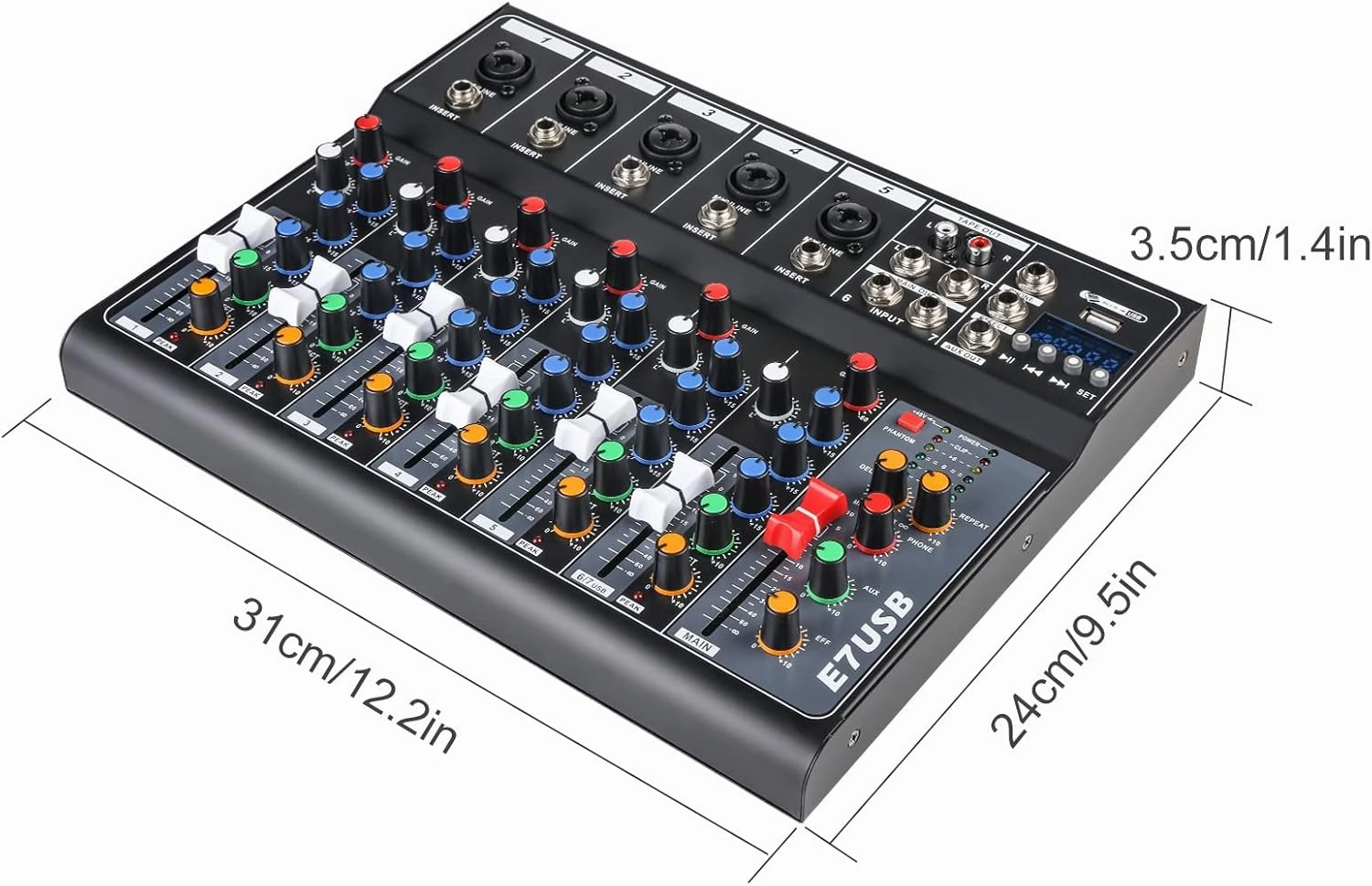 Dj Mixers 7 Channel Audio Mixer Sound Board with Bluetooth, Usb Audio Interface with 48V Phantom Power Sounds Mixer Board with FX Reverb Delay Effect for Streaming