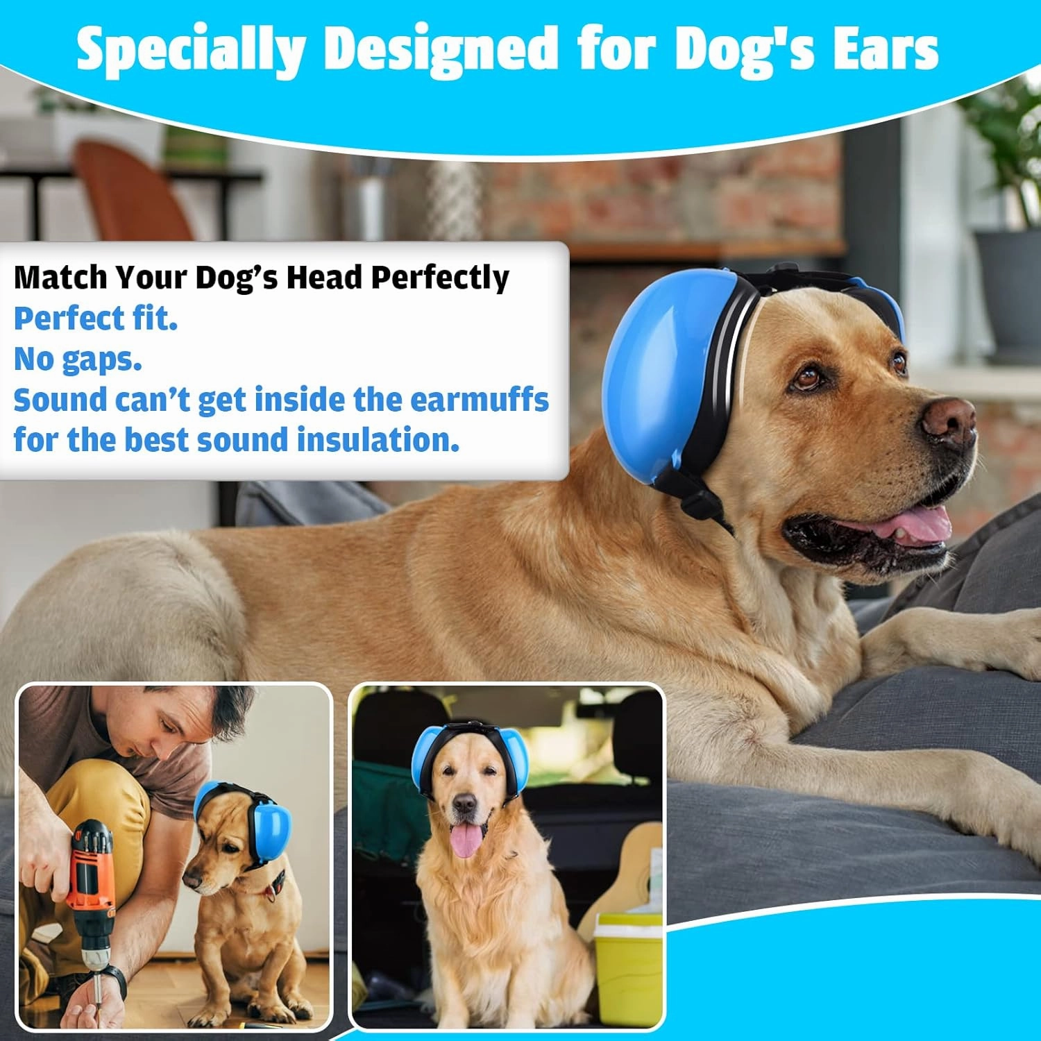 Dog Ear Muffs for Noise Protection, Noise Cancelling Headphones, 25dB NRR, Dog Ear Plugs for Hearing Protection from Thunder, Fireworks, Vacuums (S, Blue)