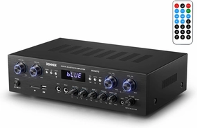Donner Bluetooth 5.0 Stereo Audio Amplifier Receiver, 4 Channel 440W Peak Power Home Theater Stereo Receiver with USB, SD, FM, 2 Mic in Echo, RCA, LED, Speaker Selector for Studio, Home - MAMP5 integrated amplifier,stereo receiver,hi-fi amp combo,