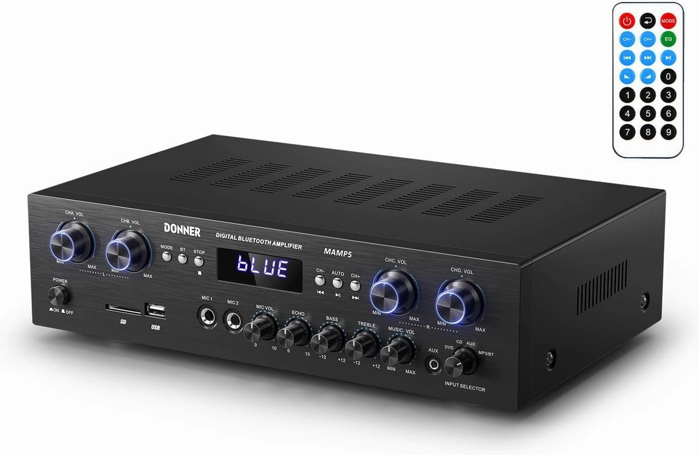 Donner Bluetooth 5.0 Stereo Audio Amplifier Receiver, 4 Channel 440W Peak Power Home Theater Stereo Receiver with USB, SD, FM, 2 Mic in Echo, RCA, LED, Speaker Selector for Studio, Home - MAMP5 integrated amplifier,stereo receiver,hi-fi amp combo,