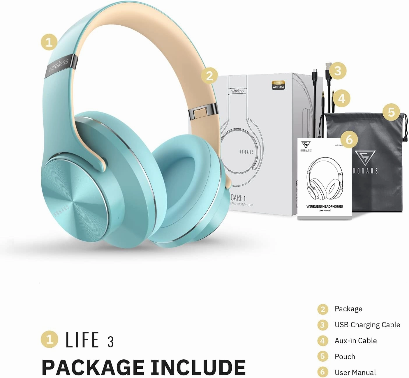 DOQAUS Bluetooth Headphones Over Ear, 90H Playtime Wireless, 3 EQ Modes, HiFi Audio & Deep Bass, ENC Noise Isolating Mic, Soft Earpads for Phone/PC