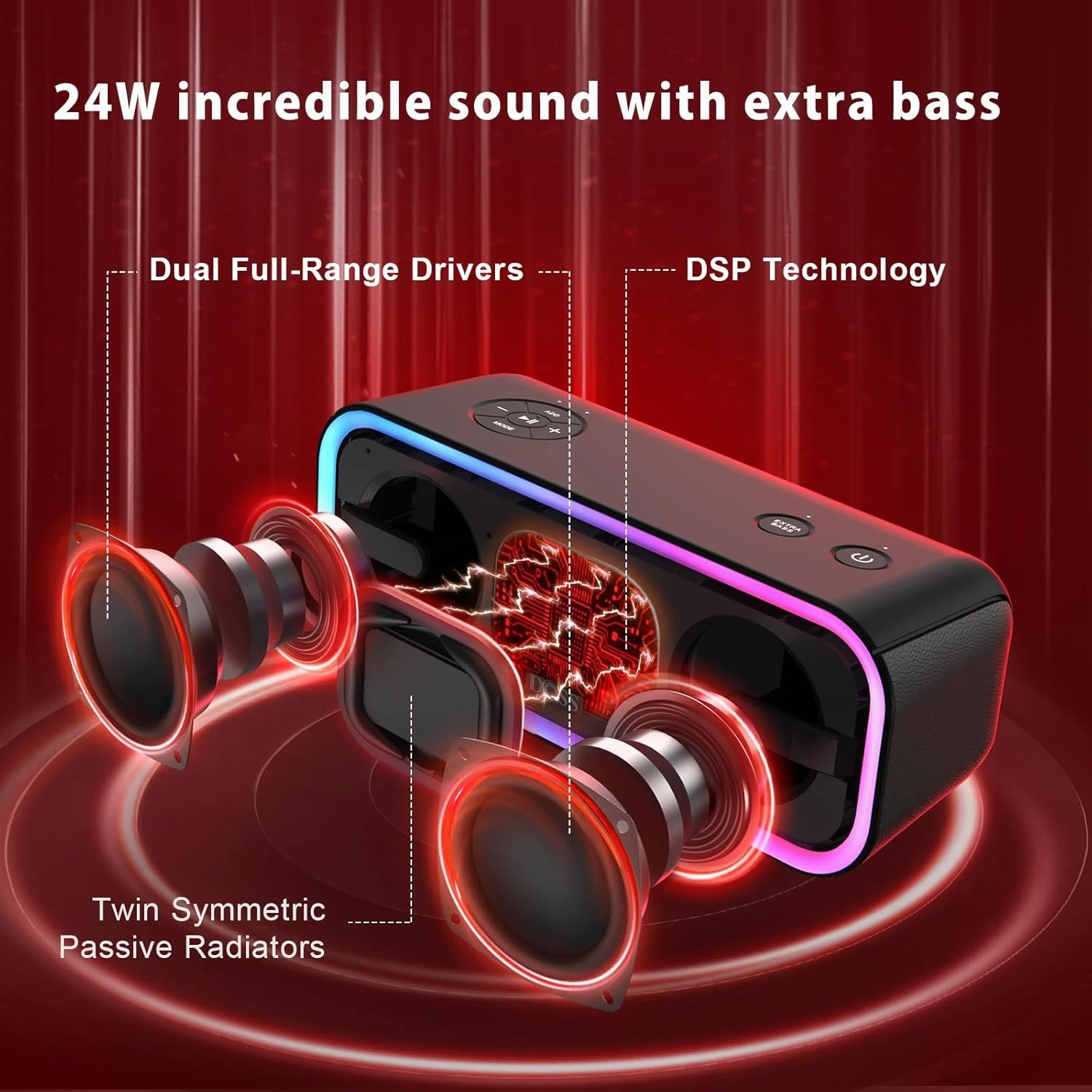 DOSS SoundBox Pro  Bluetooth Speaker with 24W Impressive Sound, Extra Bass, IPX6 Waterproof, 15H Playtime, Wireless Stereo Pairing, Multi-Colors Light, Portable for Outdoor, Home, Party, Beach
