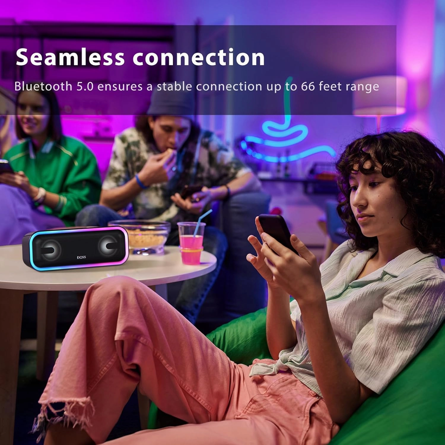 DOSS SoundBox Pro  Bluetooth Speaker with 24W Impressive Sound, Extra Bass, IPX6 Waterproof, 15H Playtime, Wireless Stereo Pairing, Multi-Colors Light, Portable for Outdoor, Home, Party, Beach