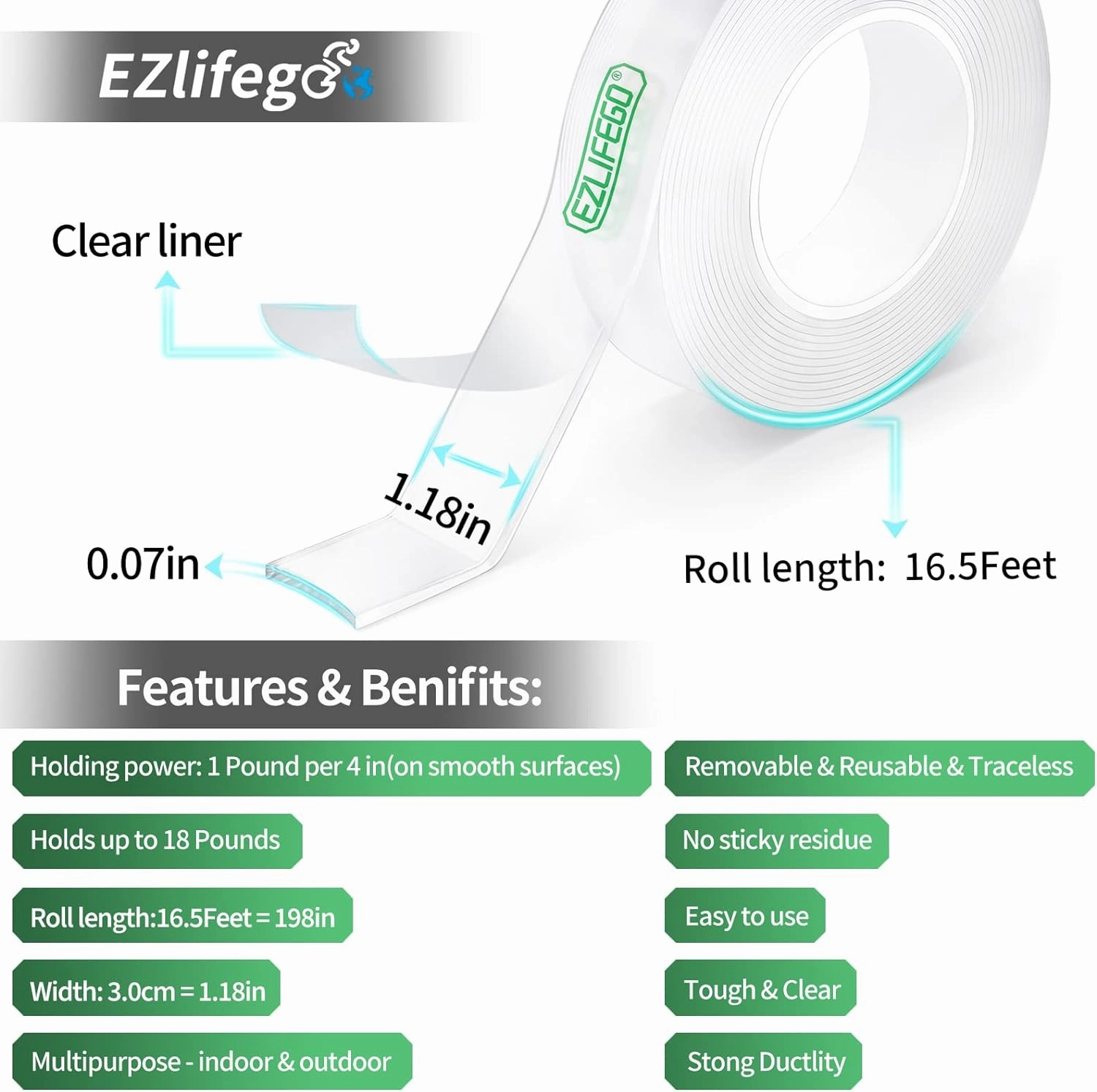 Double Sided Tape Heavy Duty(Extra Large 16.5FT), Nano Adhesive Mounting Tape Wall Decor,Sticky Picture Hanging Adhesive Strips Poster Tape