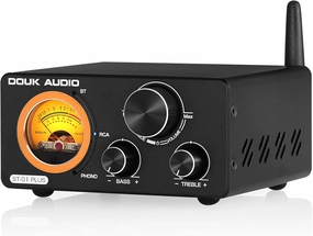Douk Audio 2 Channel TPA3255 Bluetooth Amplifier 300W x2, Turntable Phono Amp with VU Meter, Treble Bass Control for MM Record Players, Home Theater Speakers (ST-01 Plus) integrated amplifier,stereo receiver,hi-fi amp combo,