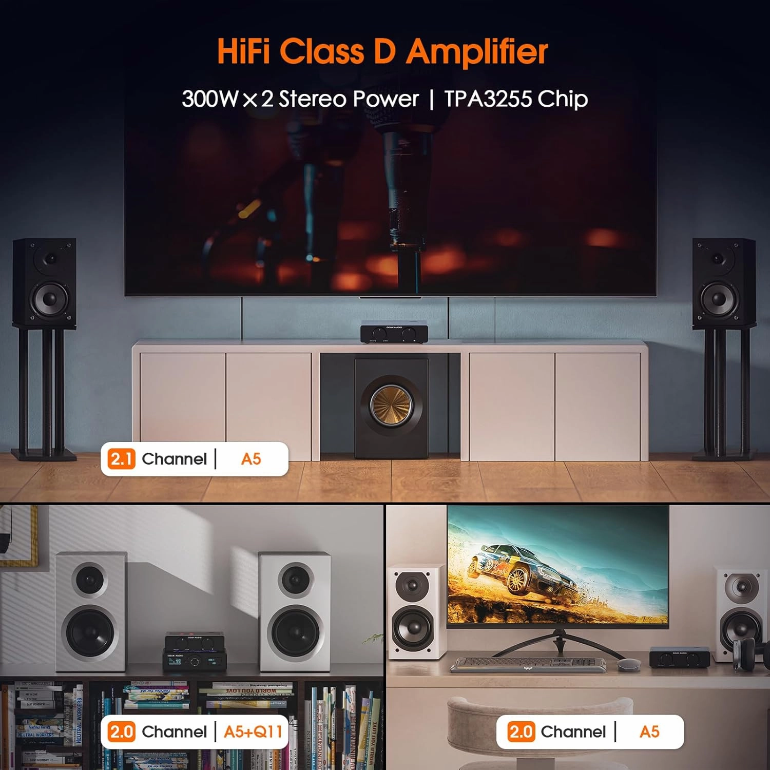 Douk Audio A5 2 Channel TPA3255 Stereo Amp, 300 Watts x2 Mini Hi-Fi Audio Power Amplifier Class D for Home Theater System, Passive Bookshelf Tower Speakers with High-Pass Filter   32V Power Supply