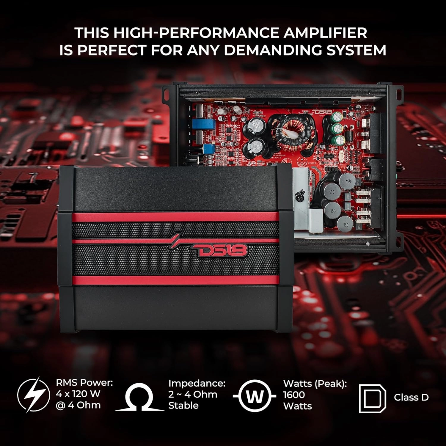 DS18 CANDY-X4B Car Amplifier 4-Channel Class D, 1600W Peak Power RMS, 4 x 120W at 4 Ohm, 4 x 200W at 2 Ohm, and 2 x 350W at 4 Ohm Bridge - Compact Size, fits into Any Vehicle