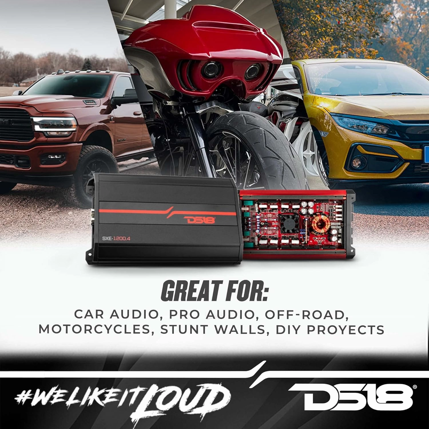 DS18 SXE-1200.4/RD Car Amplifier Stereo Full-Range Class A/B 4-Channel 60x4 RMS @4 OHM 1200 Watts - Powerful and Compact Amp for Speakers in Car Audio System