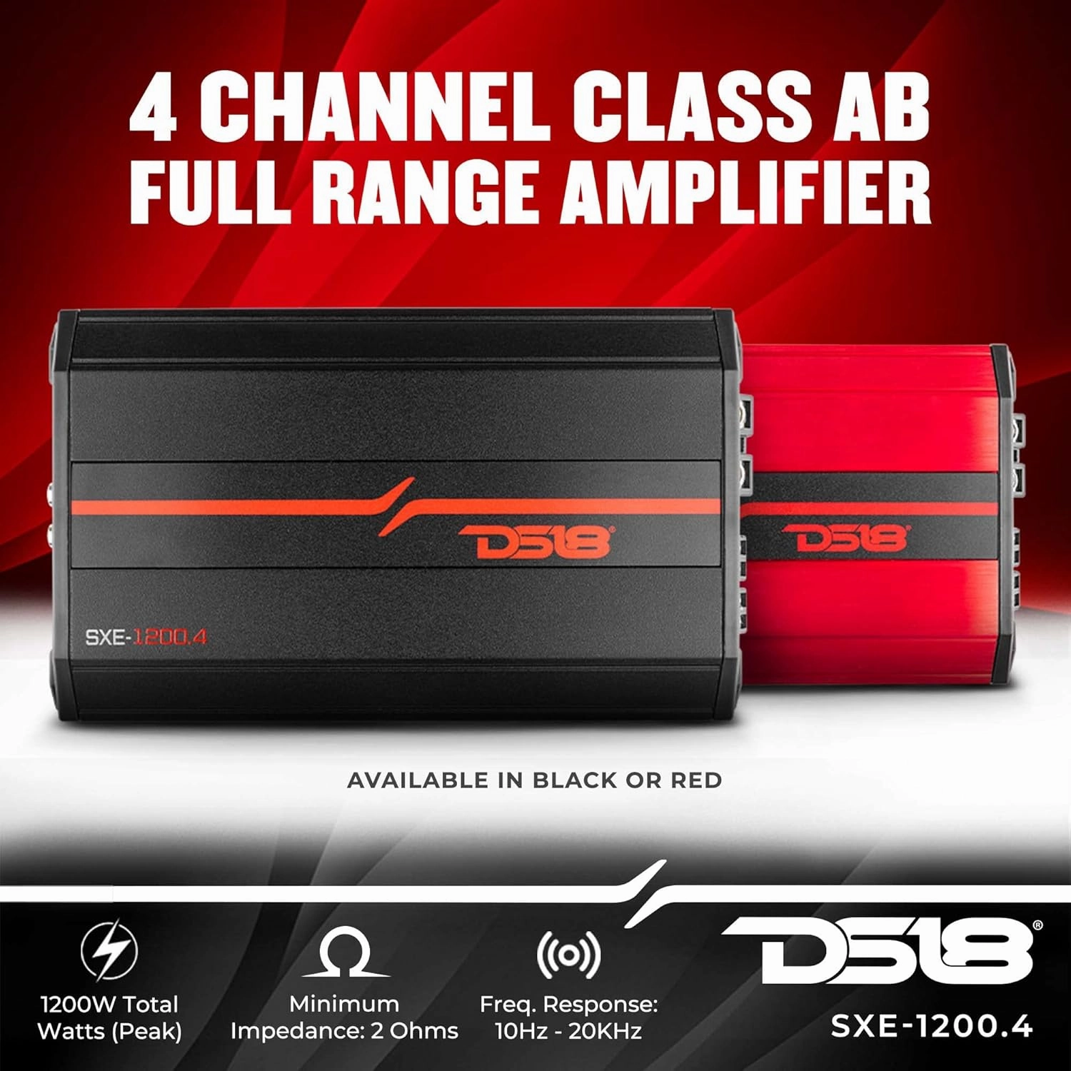 DS18 SXE-1200.4/RD Car Amplifier Stereo Full-Range Class A/B 4-Channel 60x4 RMS @4 OHM 1200 Watts - Powerful and Compact Amp for Speakers in Car Audio System