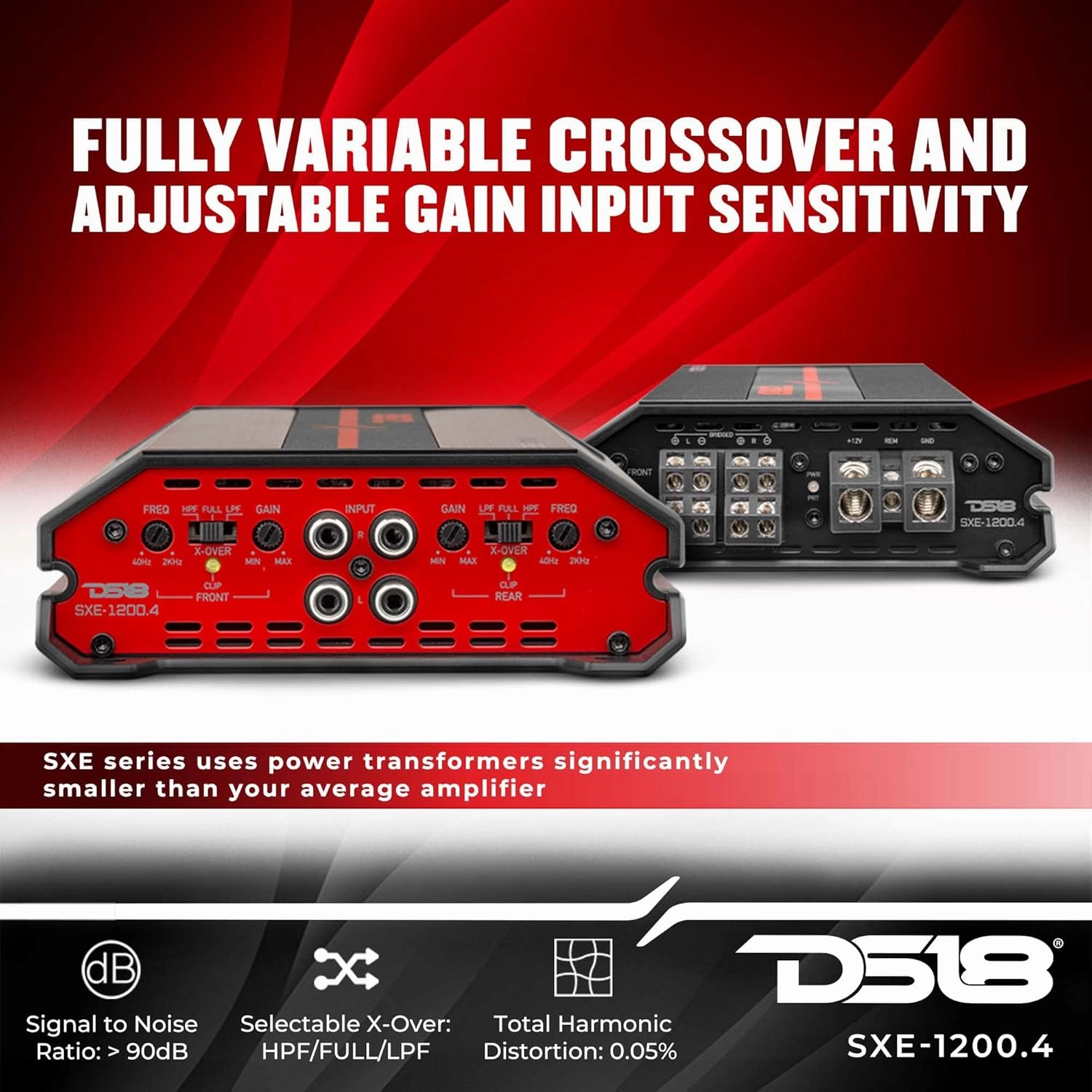 DS18 SXE-1200.4/RD Car Amplifier Stereo Full-Range Class A/B 4-Channel 60x4 RMS @4 OHM 1200 Watts - Powerful and Compact Amp for Speakers in Car Audio System