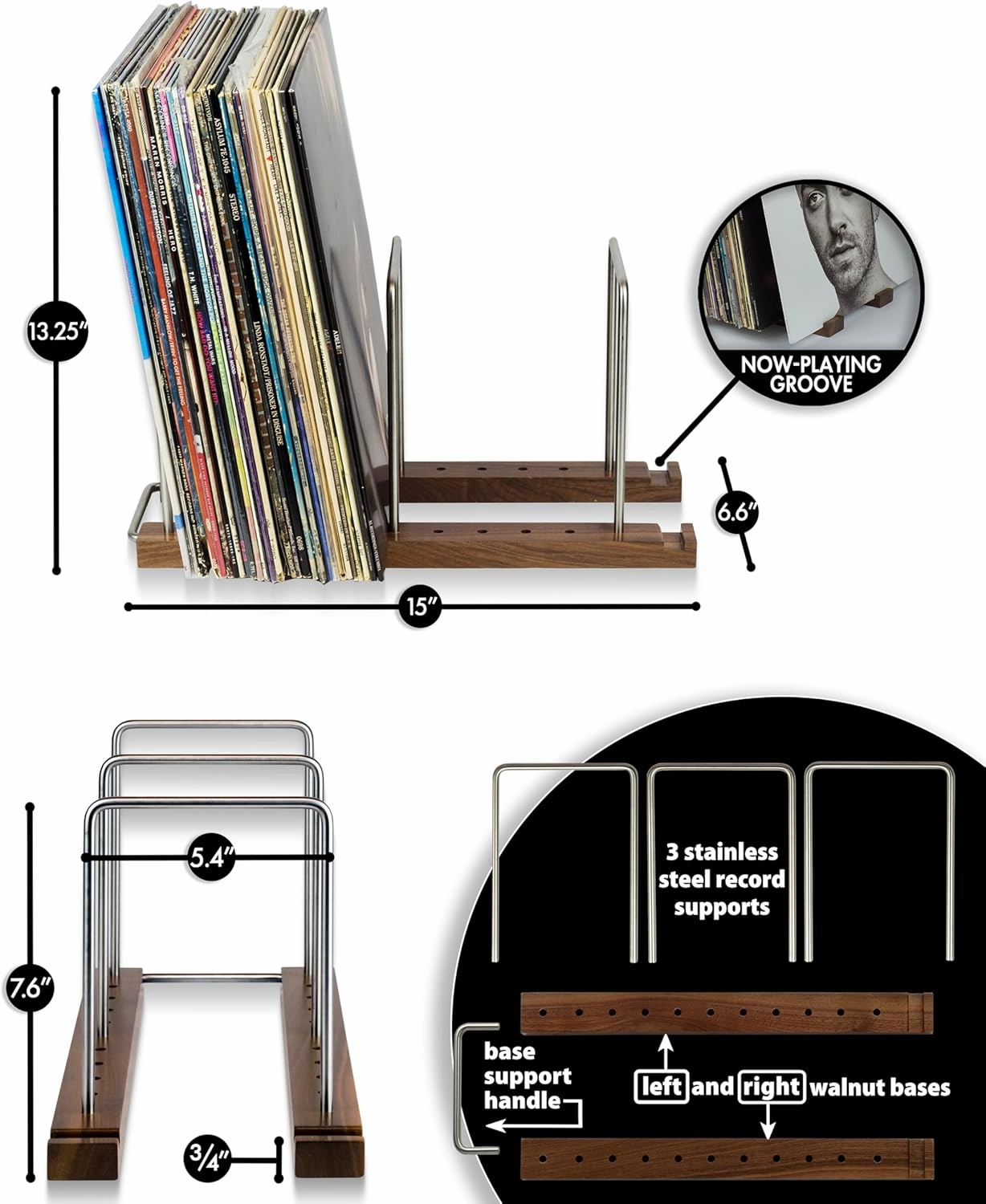 Durable Vinyl Record Storage Holder for 75 LPs, Solid Walnut Record Stand with Built-in Now Playing Display, Sleek Vinyl Record Holder & Display for Album