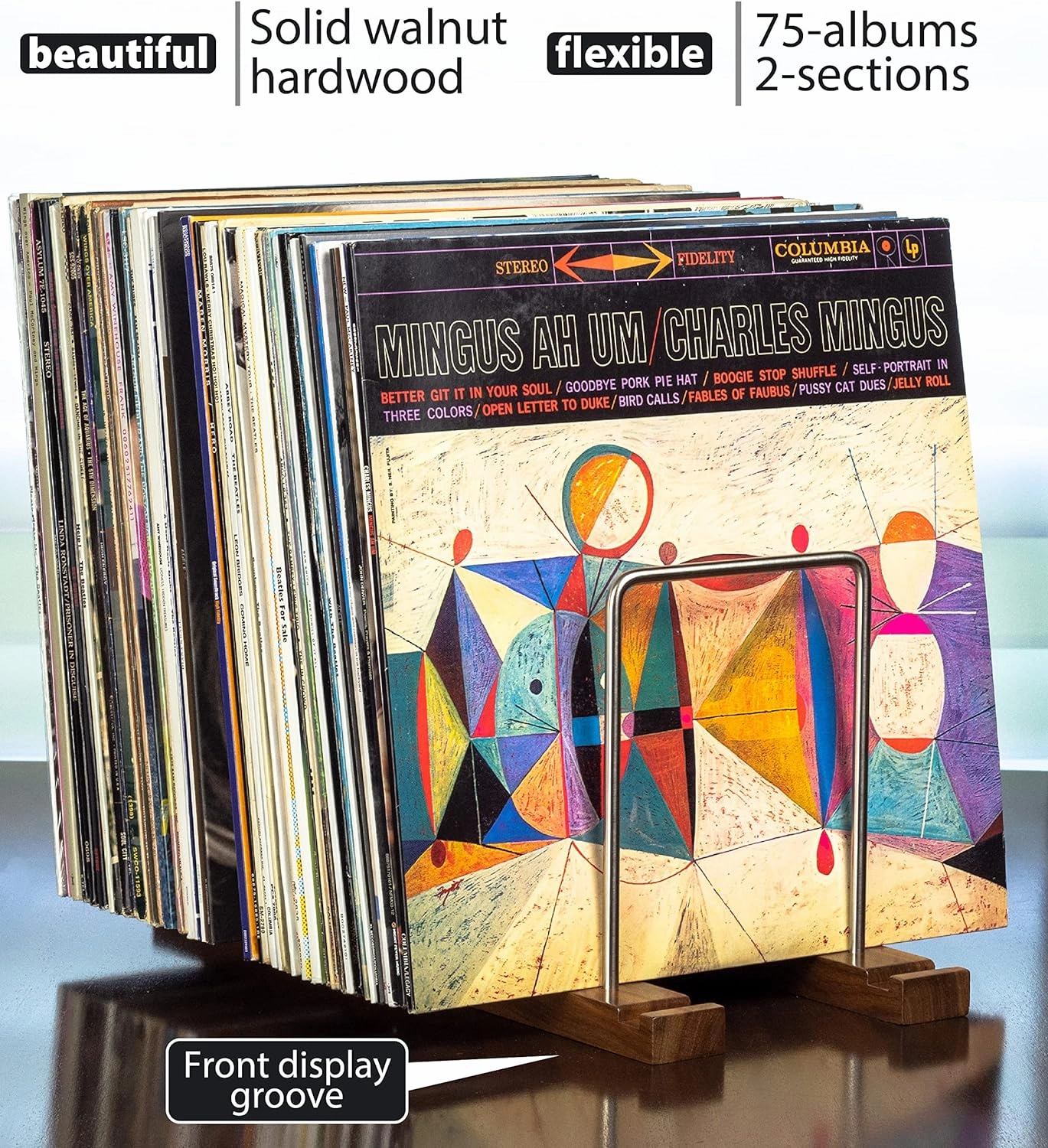 Durable Vinyl Record Storage Holder for 75 LPs, Solid Walnut Record Stand with Built-in Now Playing Display, Sleek Vinyl Record Holder & Display for Album