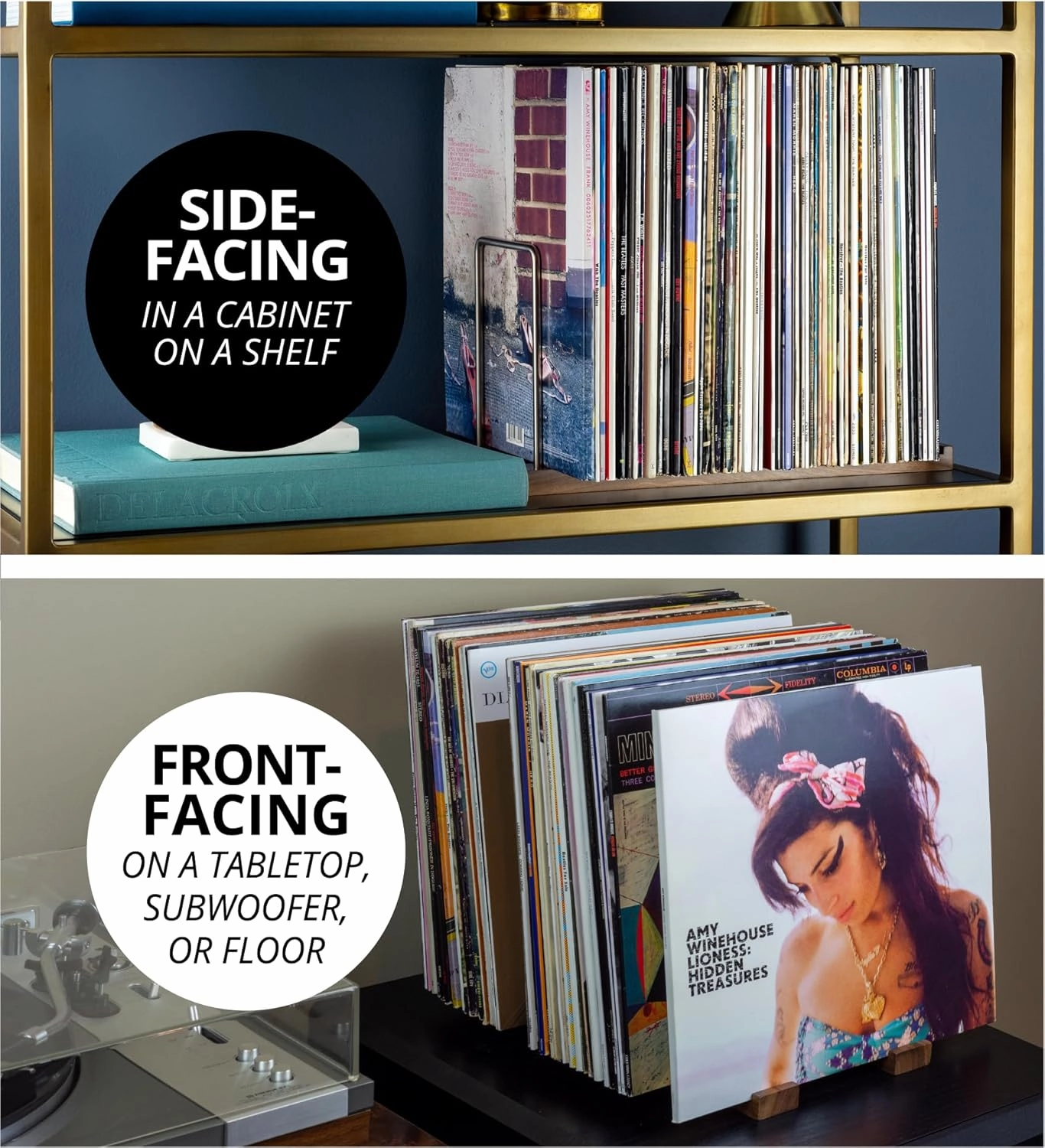 Durable Vinyl Record Storage Holder for 75 LPs, Solid Walnut Record Stand with Built-in Now Playing Display, Sleek Vinyl Record Holder & Display for Album