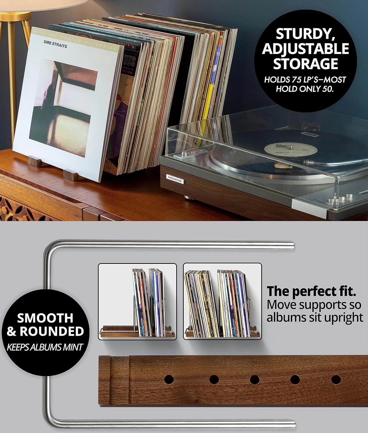 Durable Vinyl Record Storage Holder for 75 LPs, Solid Walnut Record Stand with Built-in Now Playing Display, Sleek Vinyl Record Holder & Display for Album