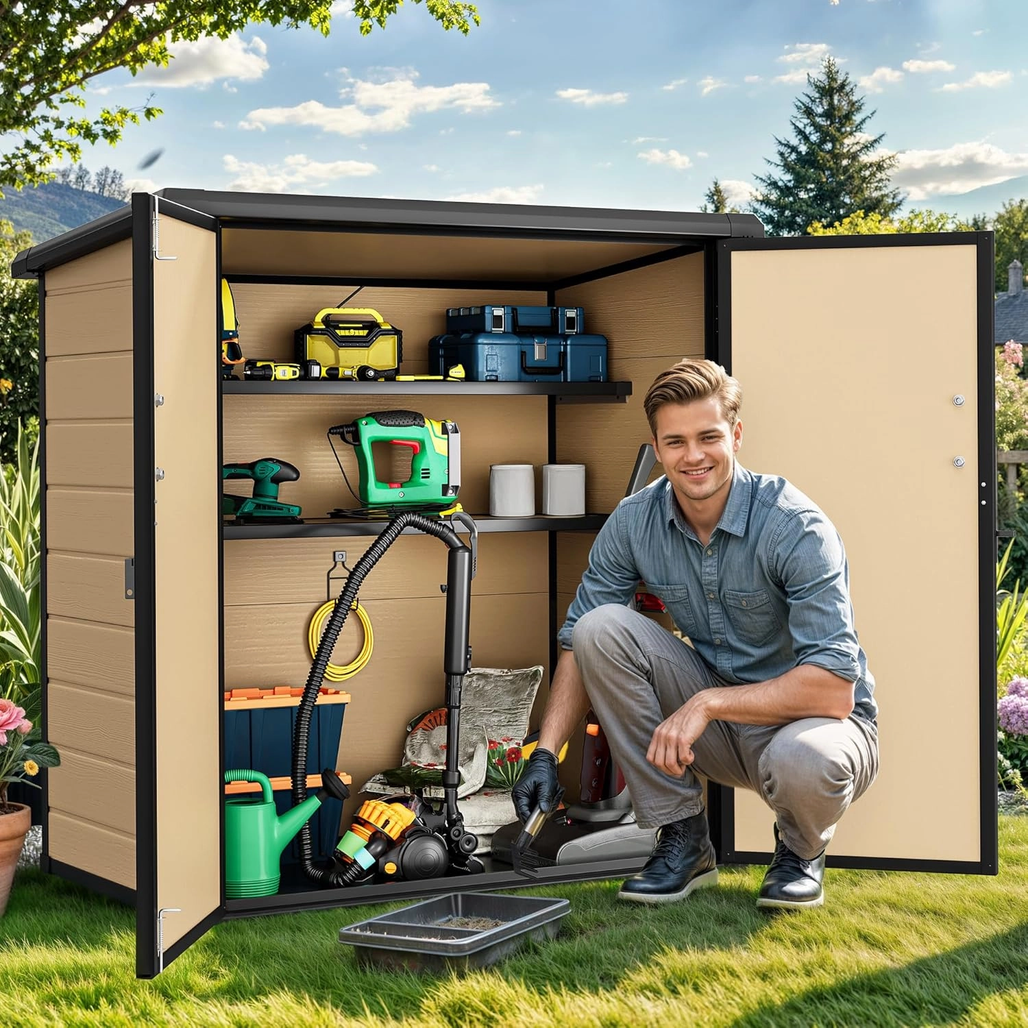 DWVO 51 cuft Outdoor Tall Storage Shed with 2 Shelves, Weatherproof Vertical Tool Shed with Floor & Lockable Doors, Sturdy Double-Wall Plastic Cabinet for Garbage Cans and Garden Equipment (Brown)