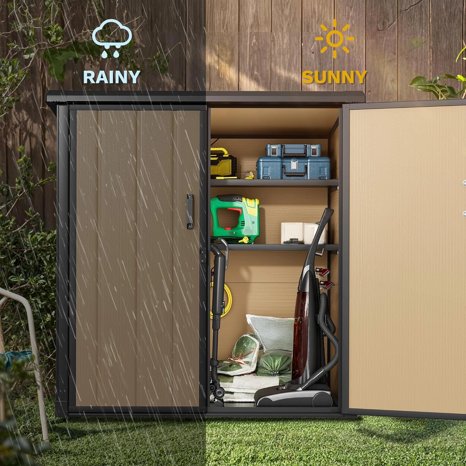 DWVO 51 cuft Outdoor Tall Storage Shed with 2 Shelves, Weatherproof Vertical Tool Shed with Floor & Lockable Doors, Sturdy Double-Wall Plastic Cabinet for Garbage Cans and Garden Equipment (Brown)