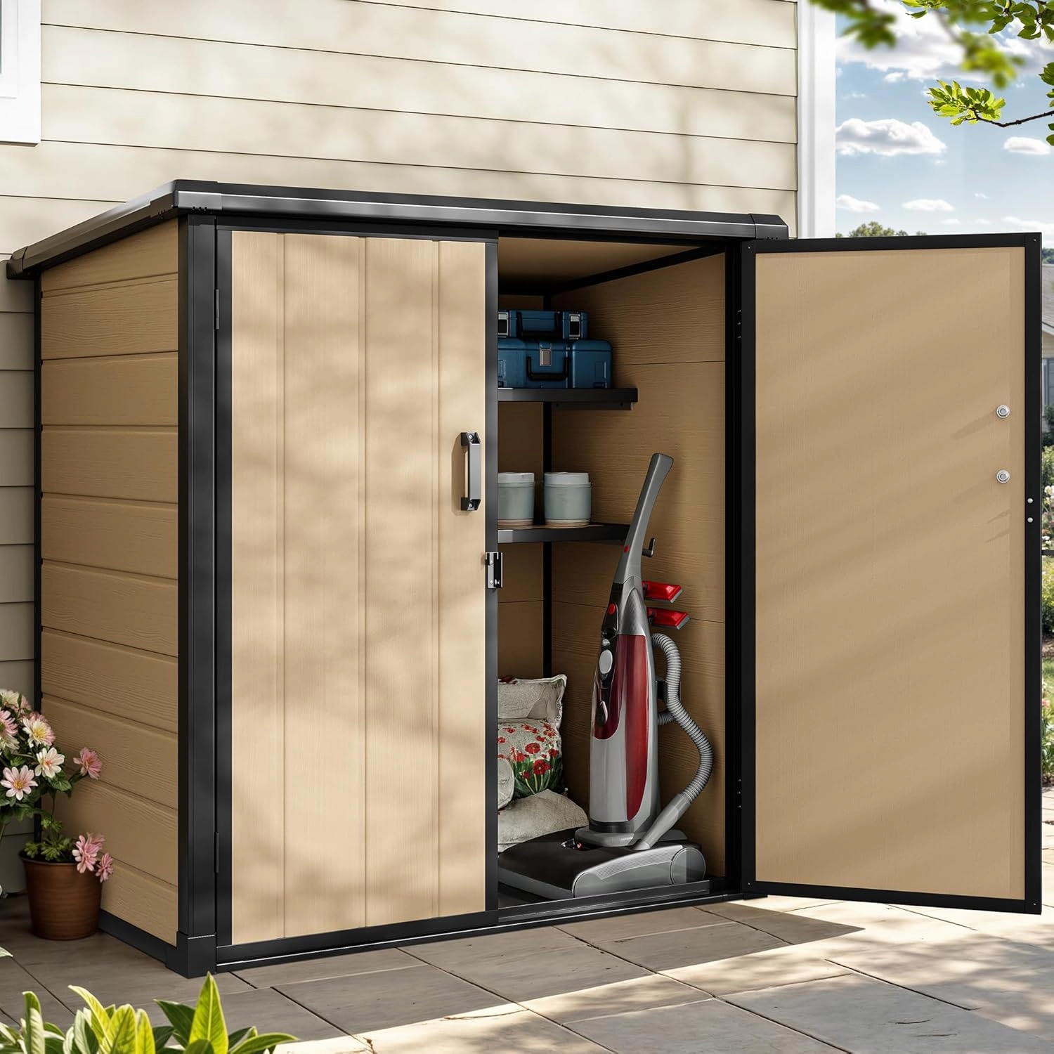 DWVO 51 cuft Outdoor Tall Storage Shed with 2 Shelves, Weatherproof Vertical Tool Shed with Floor & Lockable Doors, Sturdy Double-Wall Plastic Cabinet for Garbage Cans and Garden Equipment (Brown)