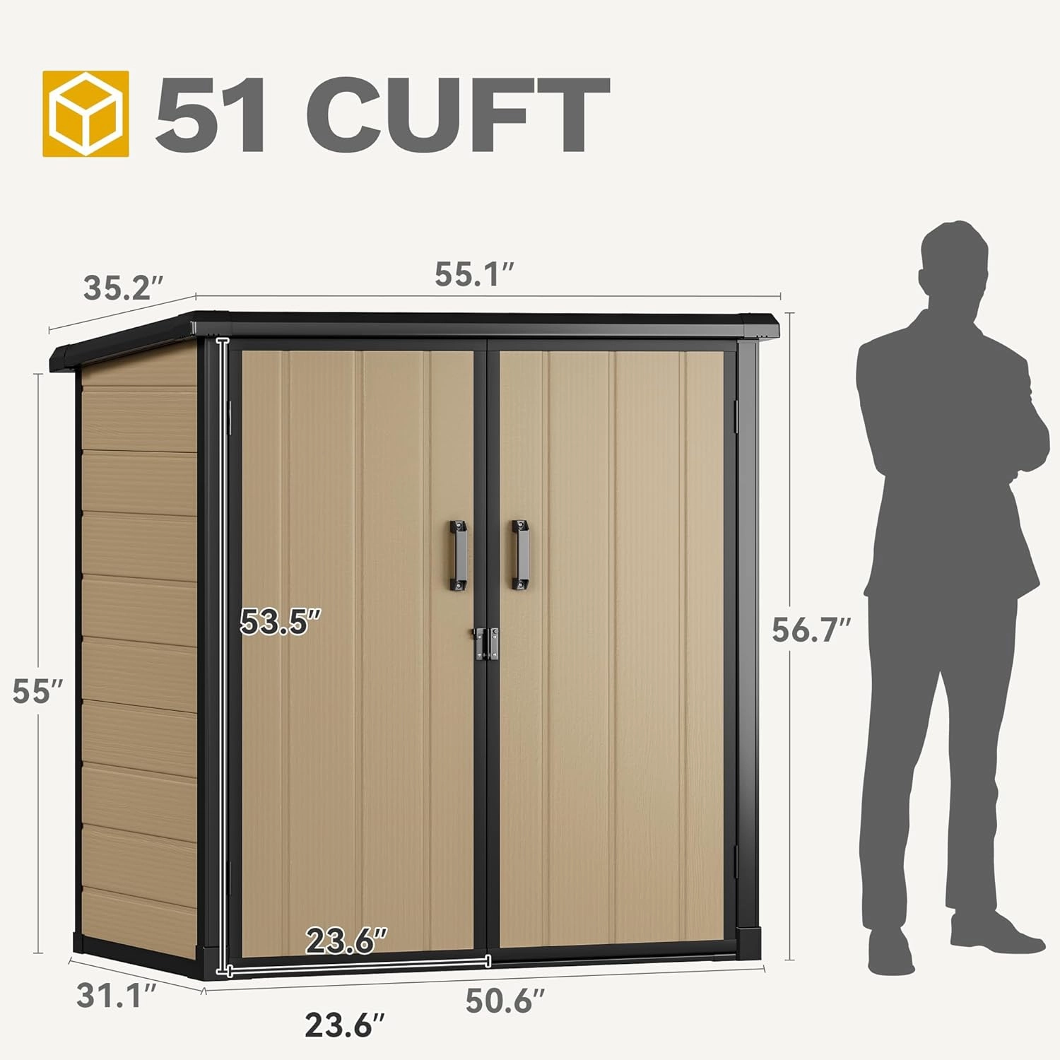 DWVO 51 cuft Outdoor Tall Storage Shed with 2 Shelves, Weatherproof Vertical Tool Shed with Floor & Lockable Doors, Sturdy Double-Wall Plastic Cabinet for Garbage Cans and Garden Equipment (Brown)