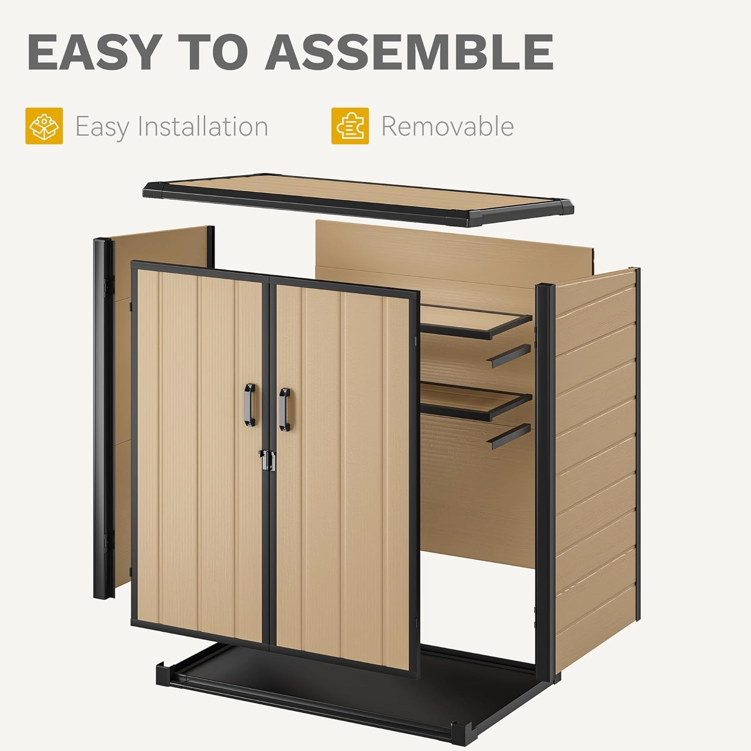 DWVO 51 cuft Outdoor Tall Storage Shed with 2 Shelves, Weatherproof Vertical Tool Shed with Floor & Lockable Doors, Sturdy Double-Wall Plastic Cabinet for Garbage Cans and Garden Equipment (Brown)