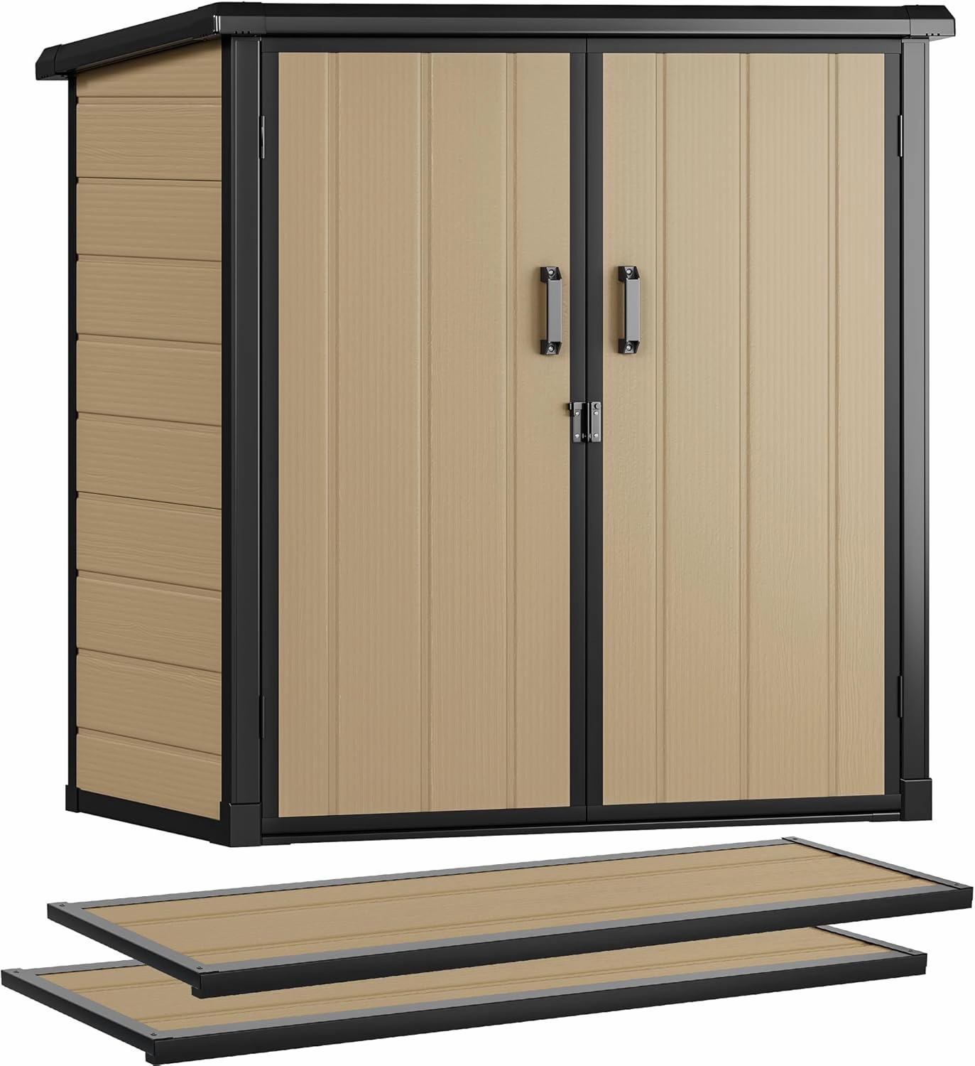 DWVO 51 cuft Outdoor Tall Storage Shed with 2 Shelves, Weatherproof Vertical Tool Shed with Floor & Lockable Doors, Sturdy Double-Wall Plastic Cabinet for Garbage Cans and Garden Equipment (Brown)