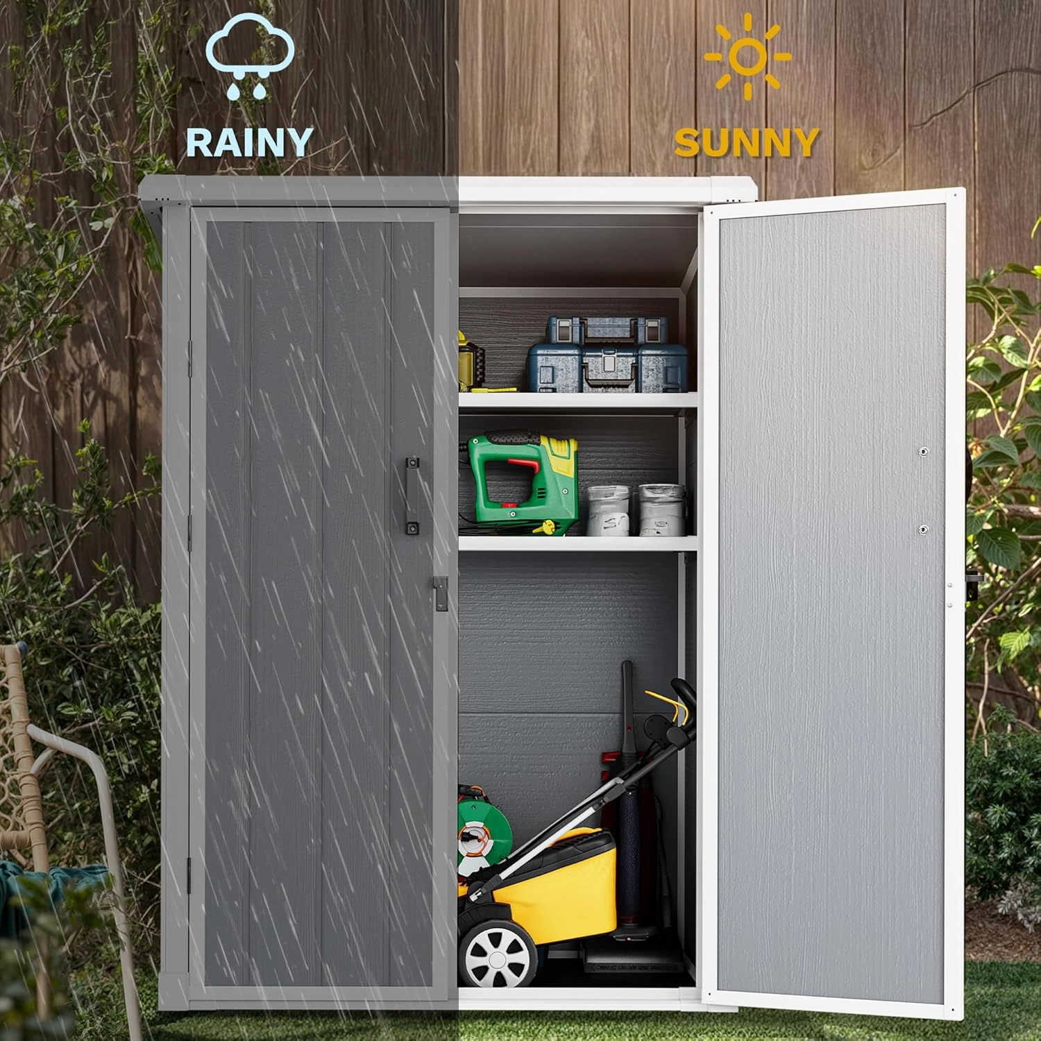 DWVO Outdoor Vertical Storage Shed with 2 Shelves, 60 Cu Ft Waterproof Resin Garden Shed with Floor & Lockable Door, Plastic Tall Tool Cabinet for Garbage Cans, Lawn Equipment, Garden Supplies (Gray)